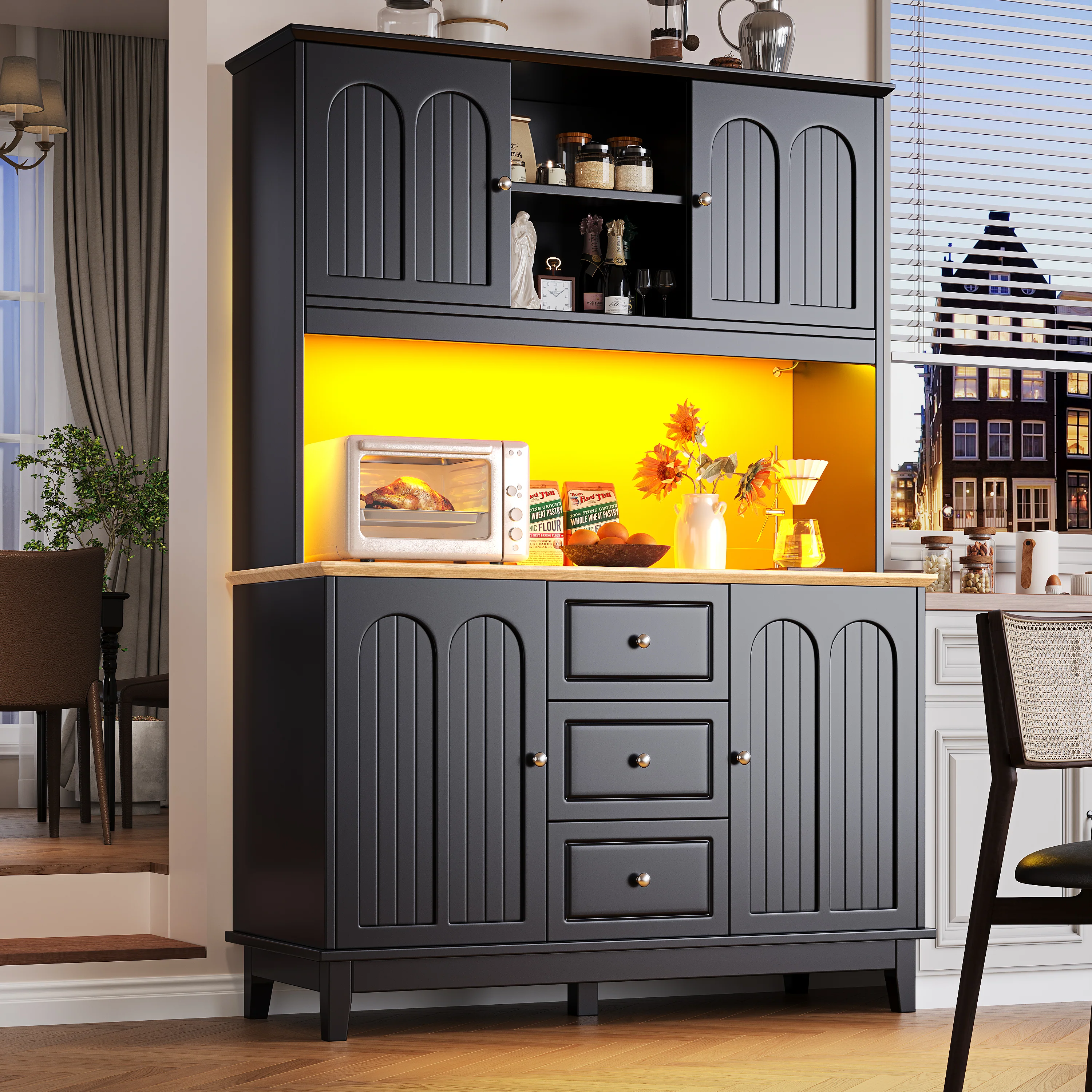 Tall Cabinet 120x40x180cm LED App Control 4 Doors 3 Drawers - Black