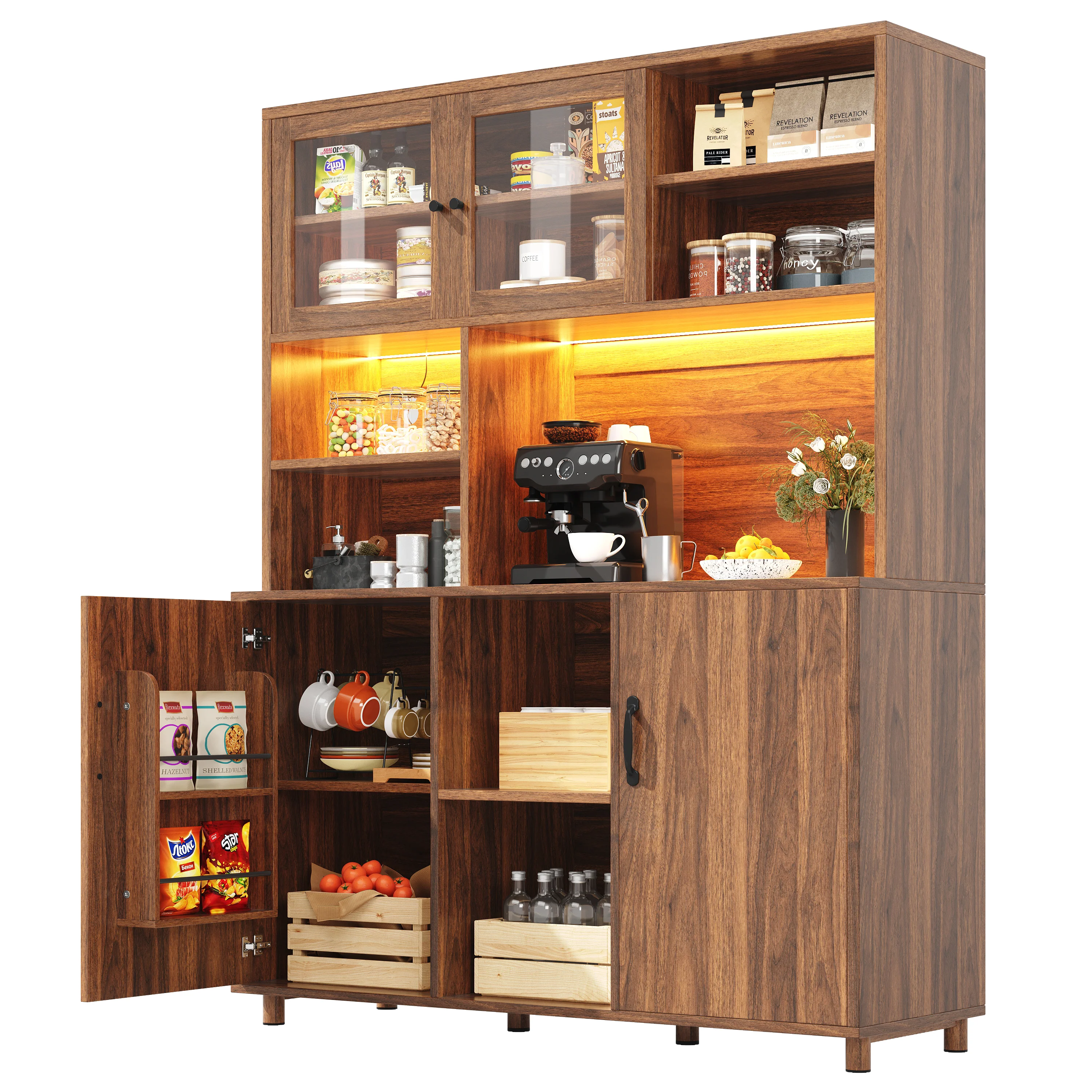 Tall Cabinet with LED Lighting, Snack Shelf, Retro - Walnut - Image 10