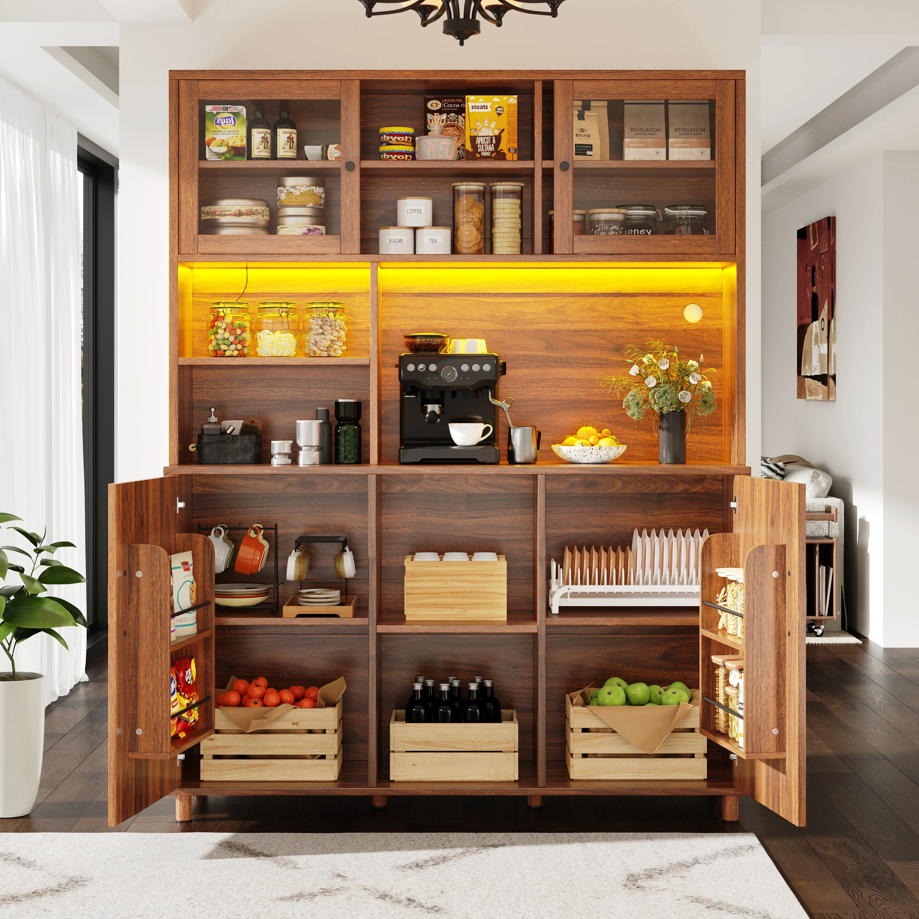 Tall Cabinet with LED Lighting, Snack Shelf, Retro - Walnut - Image 2