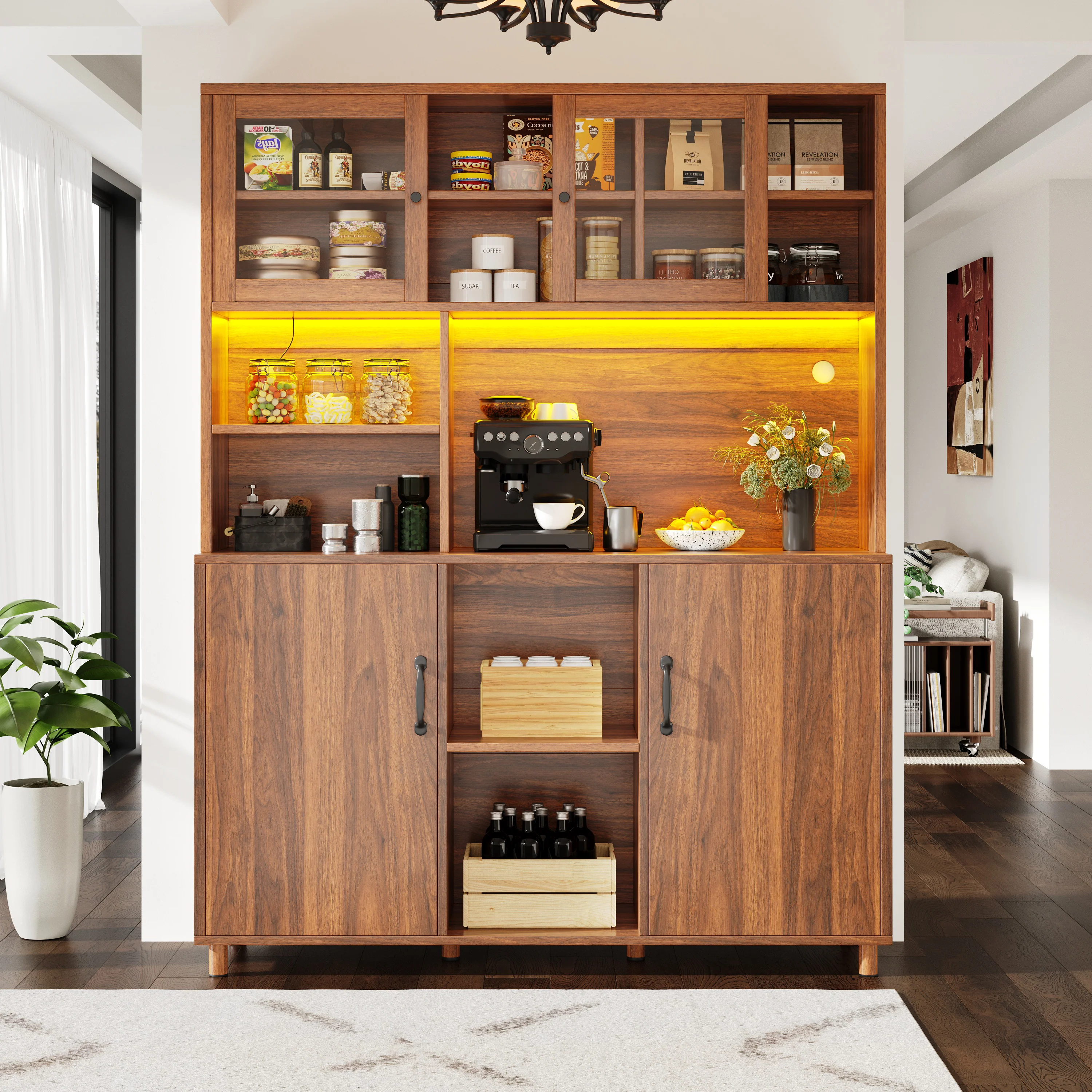 Tall Cabinet with LED Lighting, Snack Shelf, Retro - Walnut - Image 3