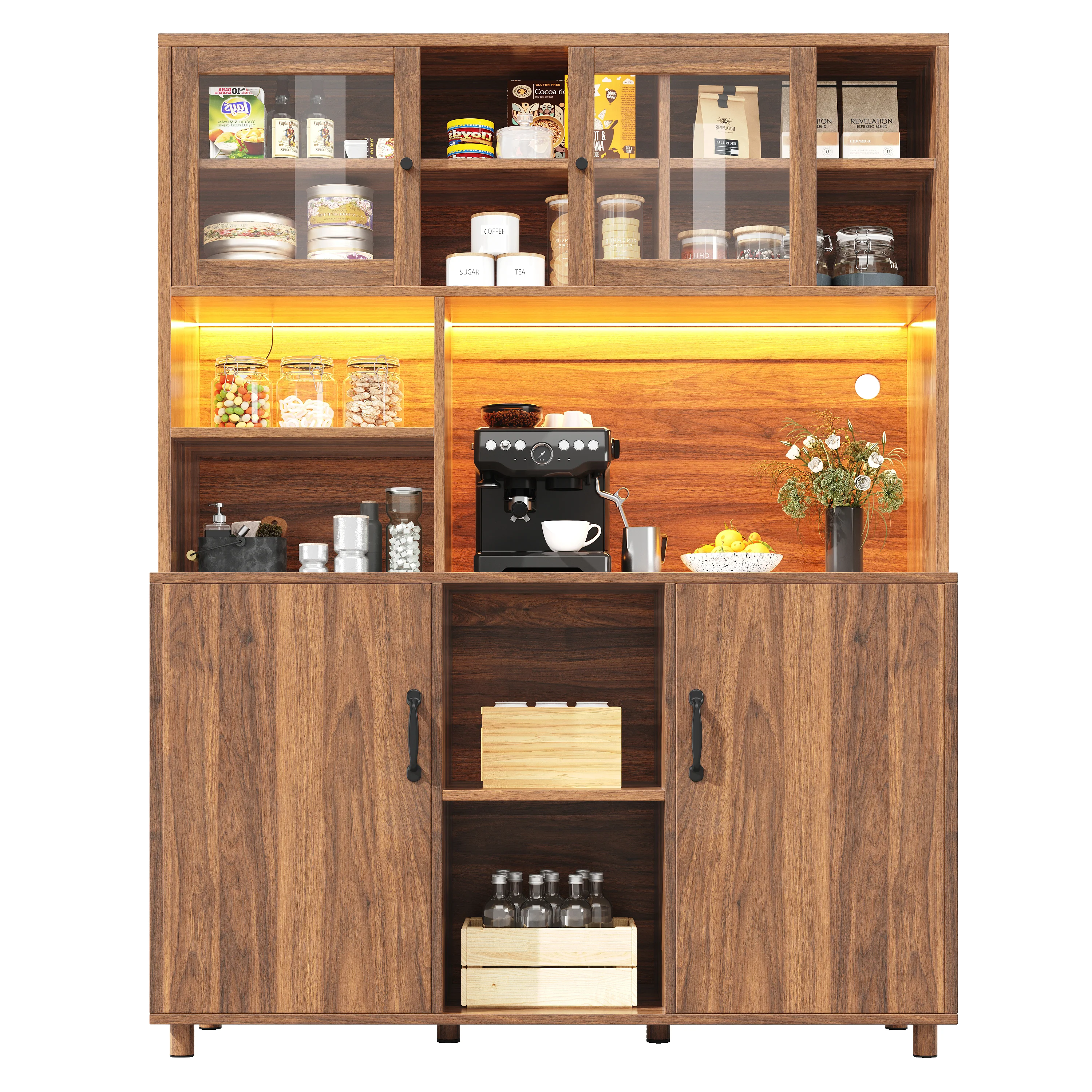 Tall Cabinet with LED Lighting, Snack Shelf, Retro - Walnut - Image 4