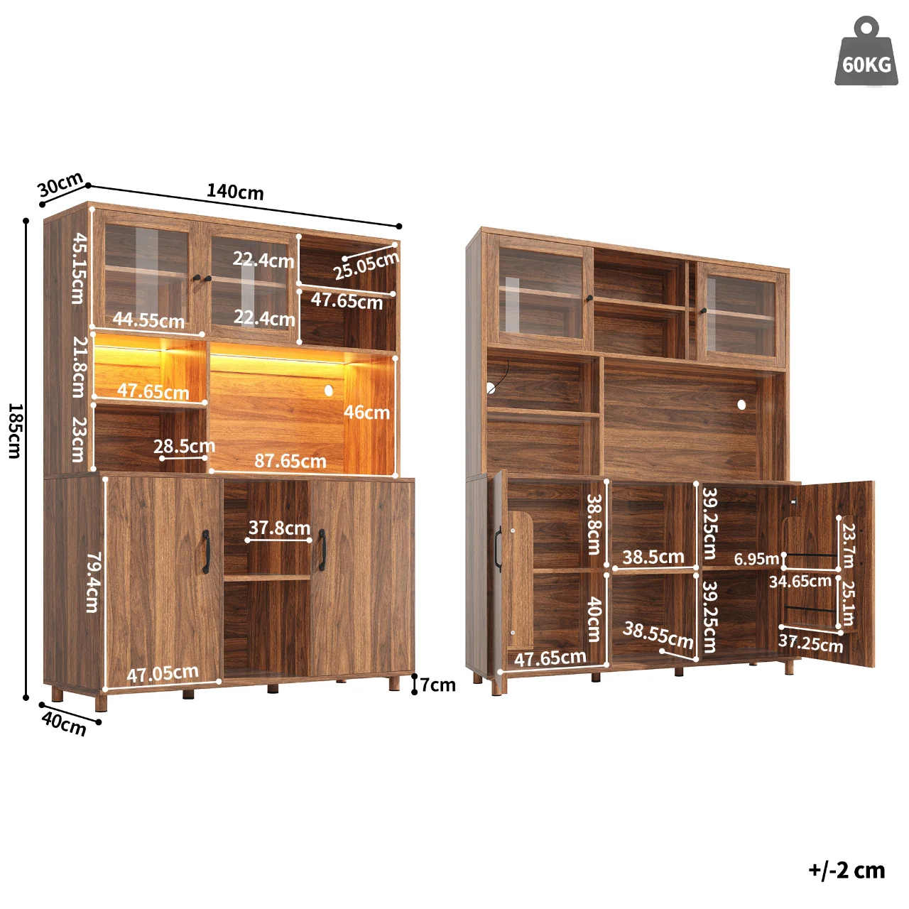 Tall Cabinet with LED Lighting, Snack Shelf, Retro - Walnut - Image 5