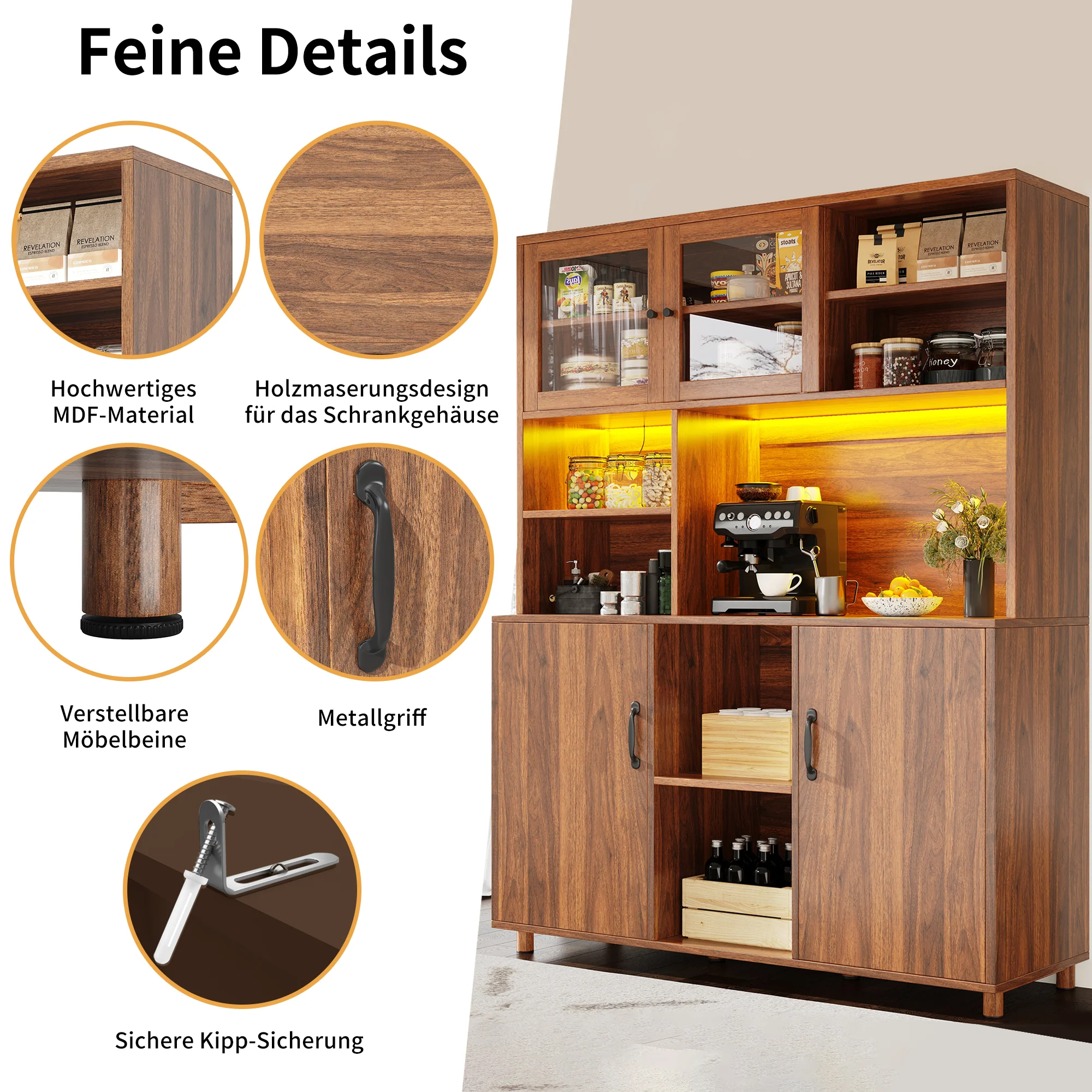 Tall Cabinet with LED Lighting, Snack Shelf, Retro - Walnut - Image 7