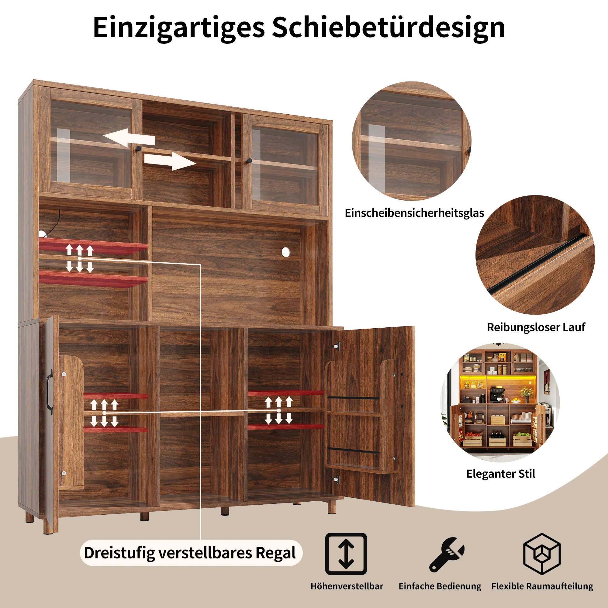 Tall Cabinet with LED Lighting, Snack Shelf, Retro - Walnut - Image 8