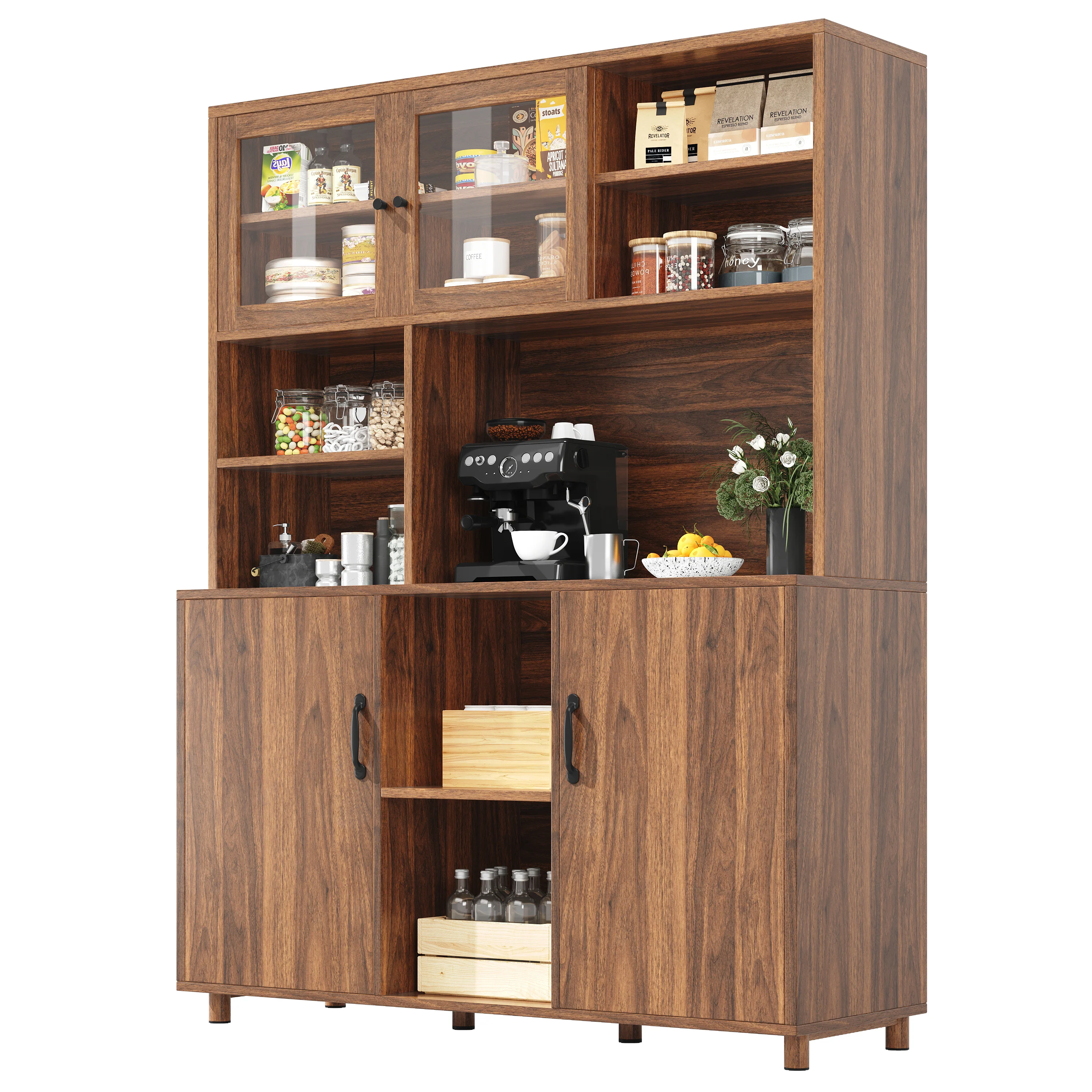 Tall Cabinet with LED Lighting, Snack Shelf, Retro - Walnut - Image 9
