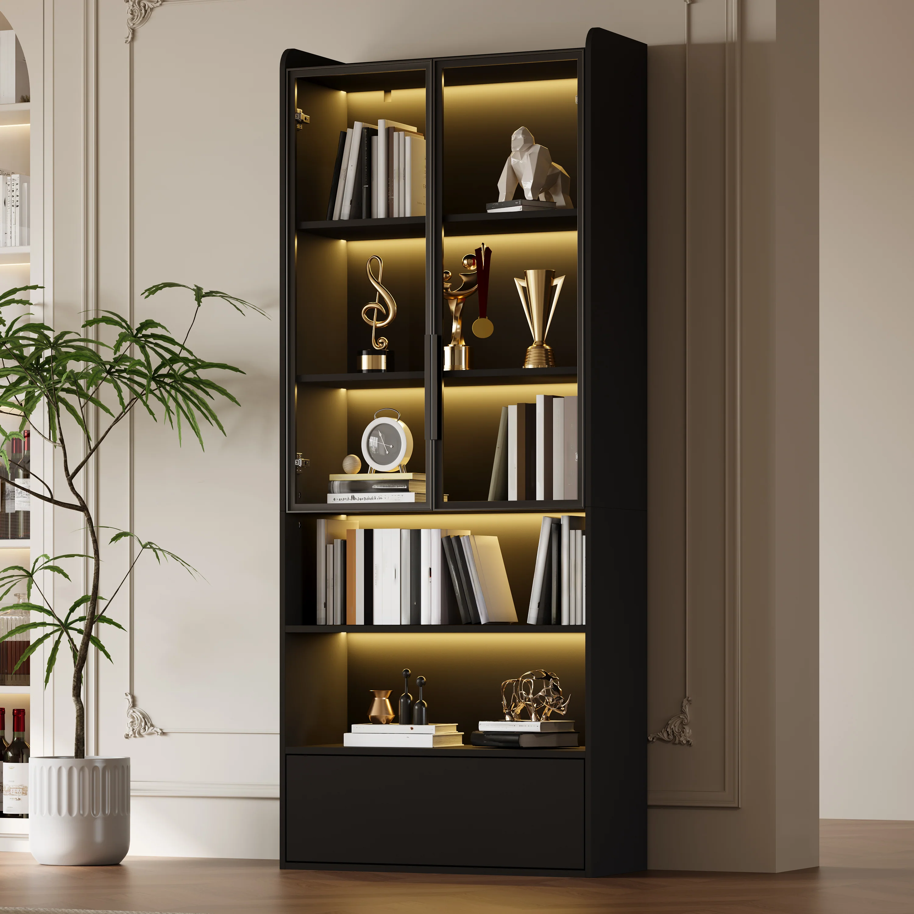 Tall Display Cabinet with 1 Drawer, LED Lighting and Glass Doors, Black