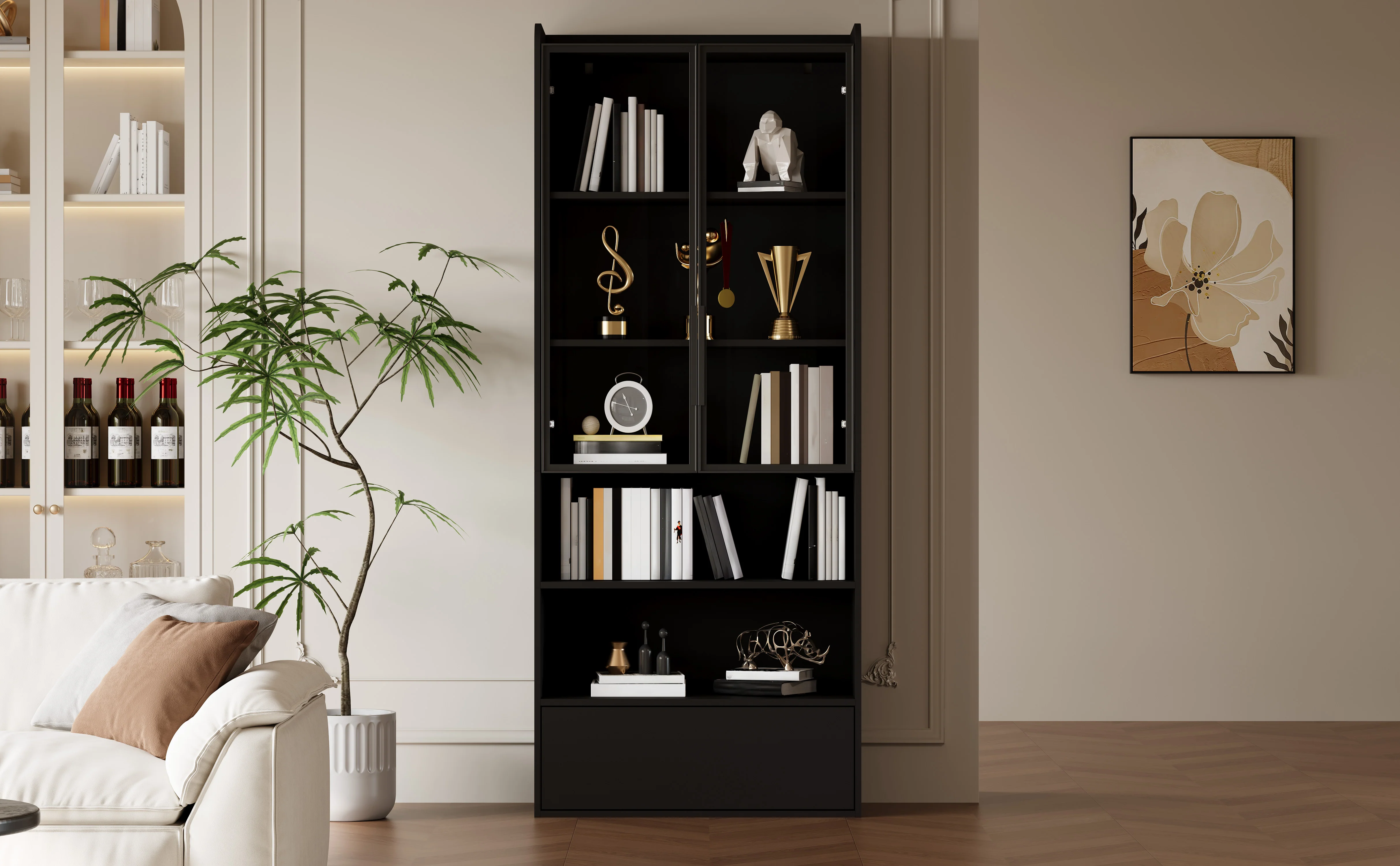 Tall Display Cabinet with 1 Drawer, LED Lighting and Glass Doors, Black - Image 10