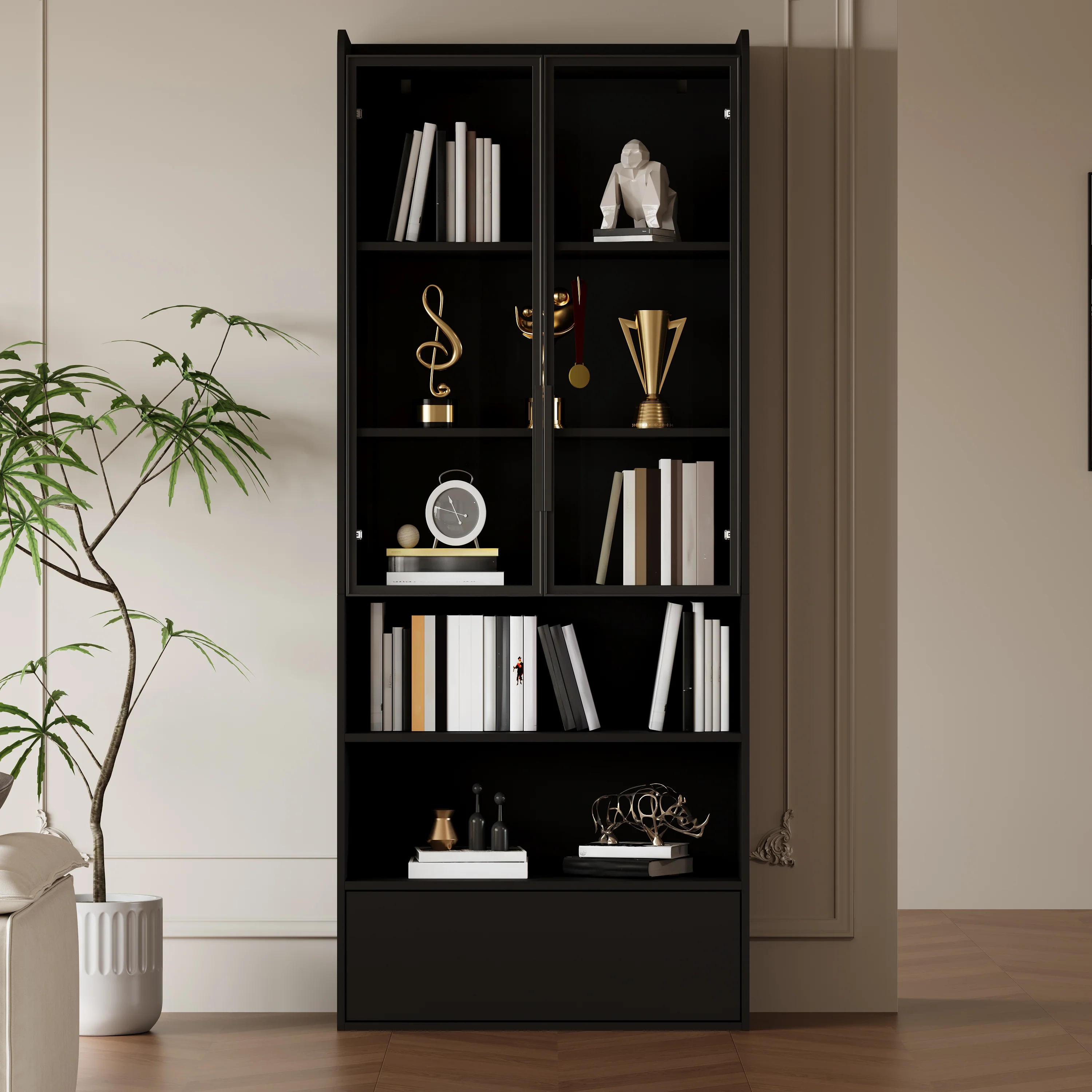 Tall Display Cabinet with 1 Drawer, LED Lighting and Glass Doors, Black - Image 2