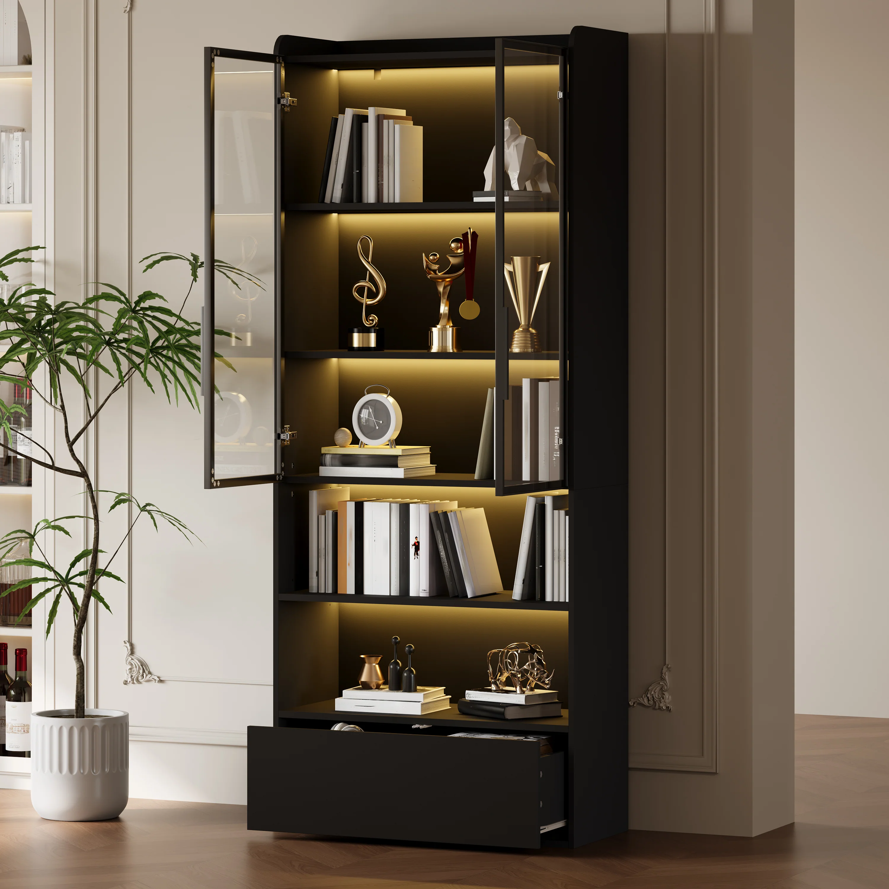 Tall Display Cabinet with 1 Drawer, LED Lighting and Glass Doors, Black - Image 3