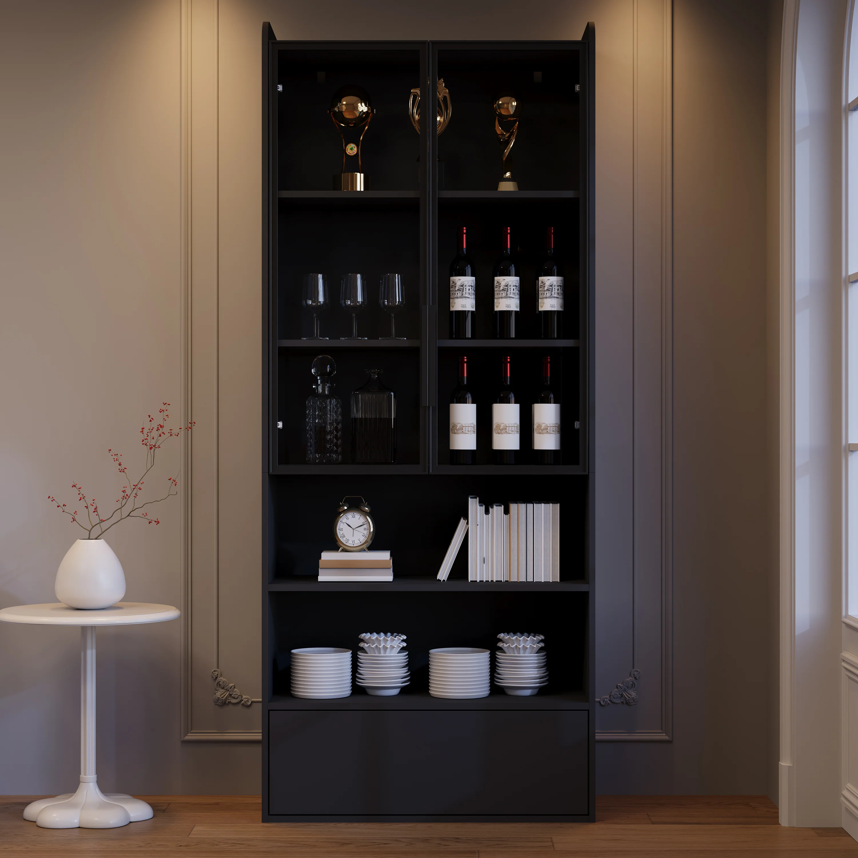 Tall Display Cabinet with 1 Drawer, LED Lighting and Glass Doors, Black - Image 4