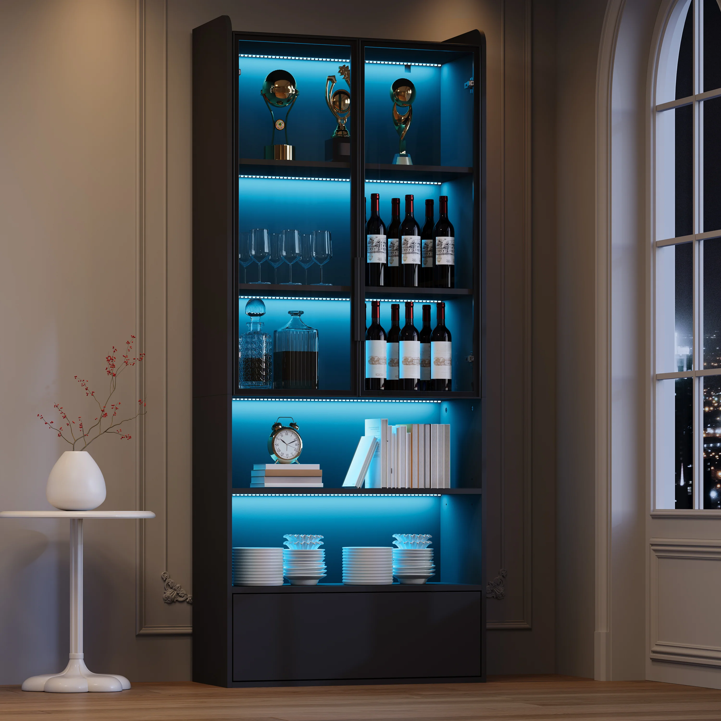 Tall Display Cabinet with 1 Drawer, LED Lighting and Glass Doors, Black - Image 5
