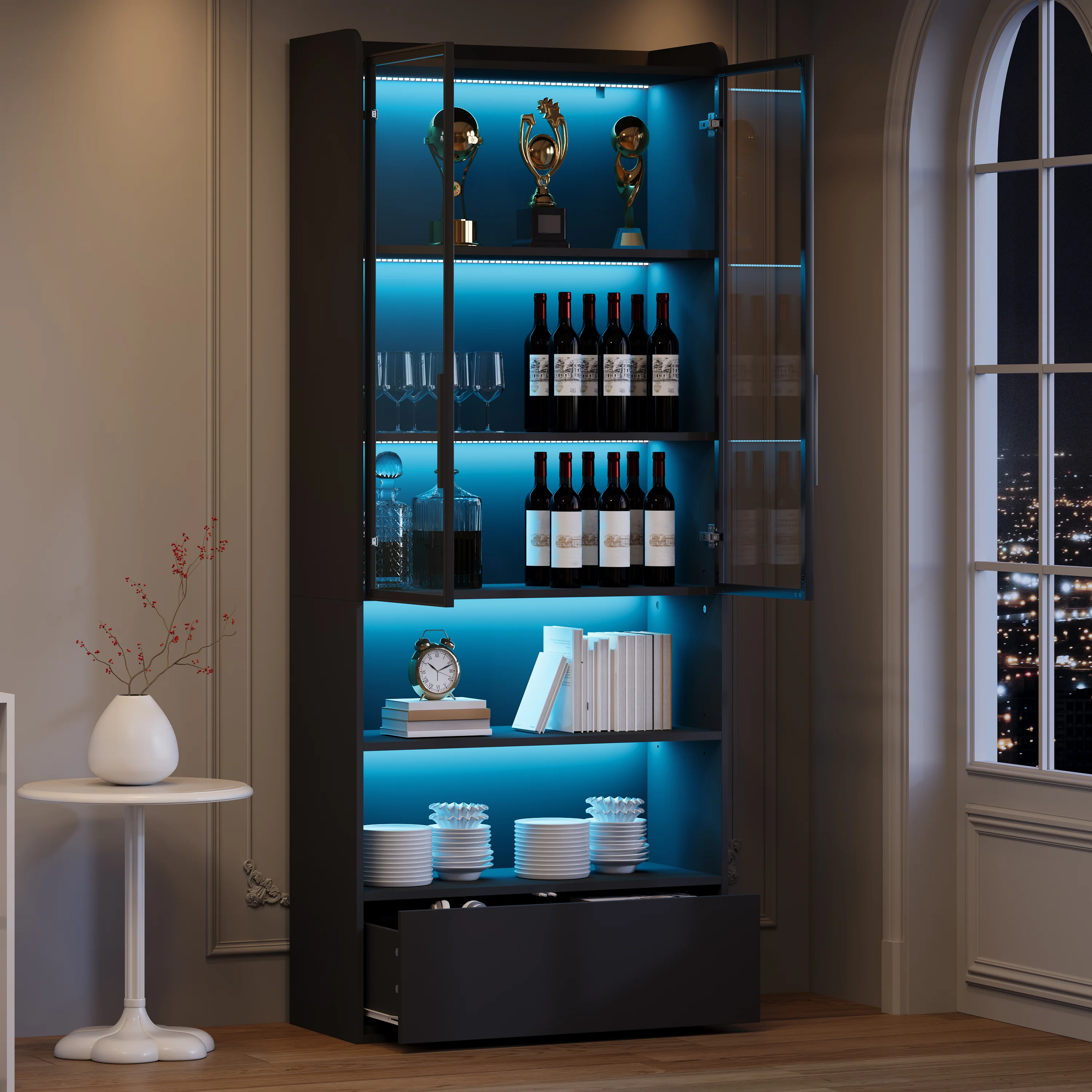 Tall Display Cabinet with 1 Drawer, LED Lighting and Glass Doors, Black - Image 6
