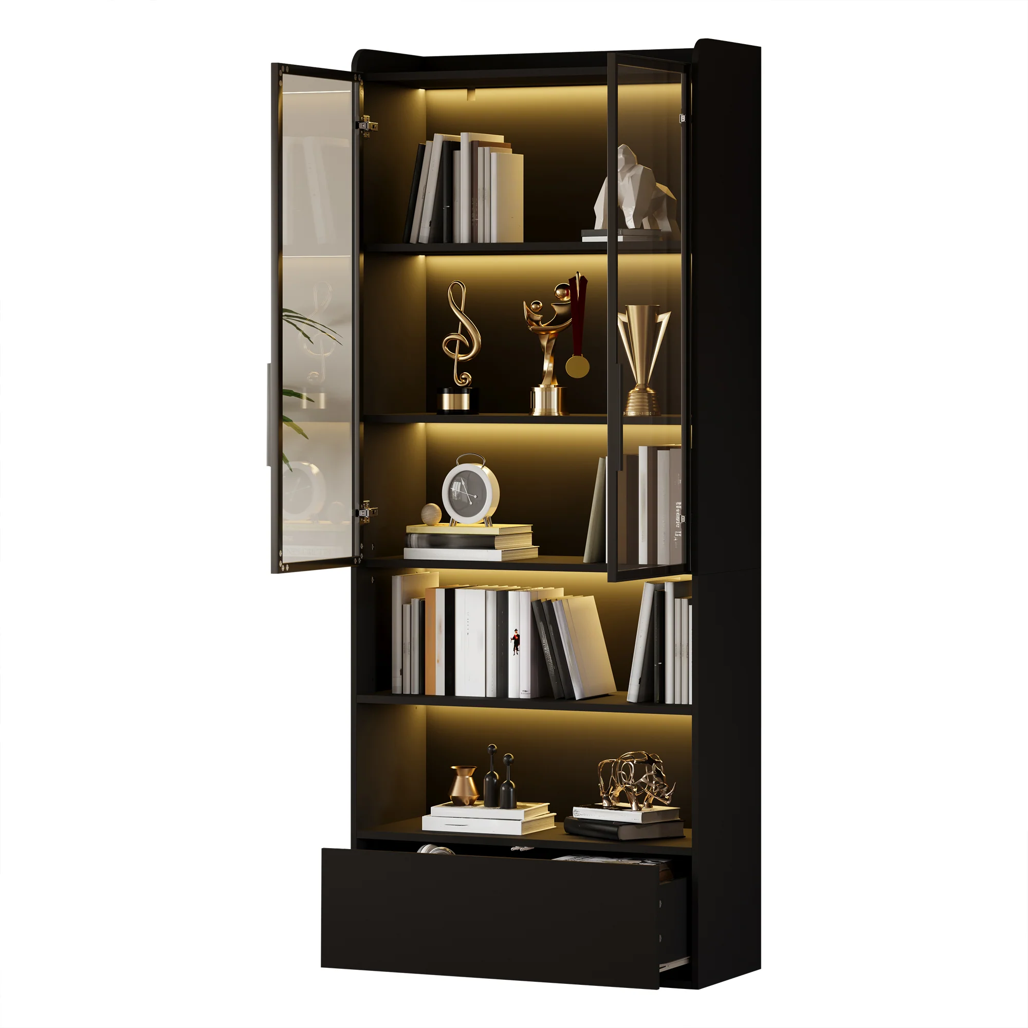 Tall Display Cabinet with 1 Drawer, LED Lighting and Glass Doors, Black - Image 7