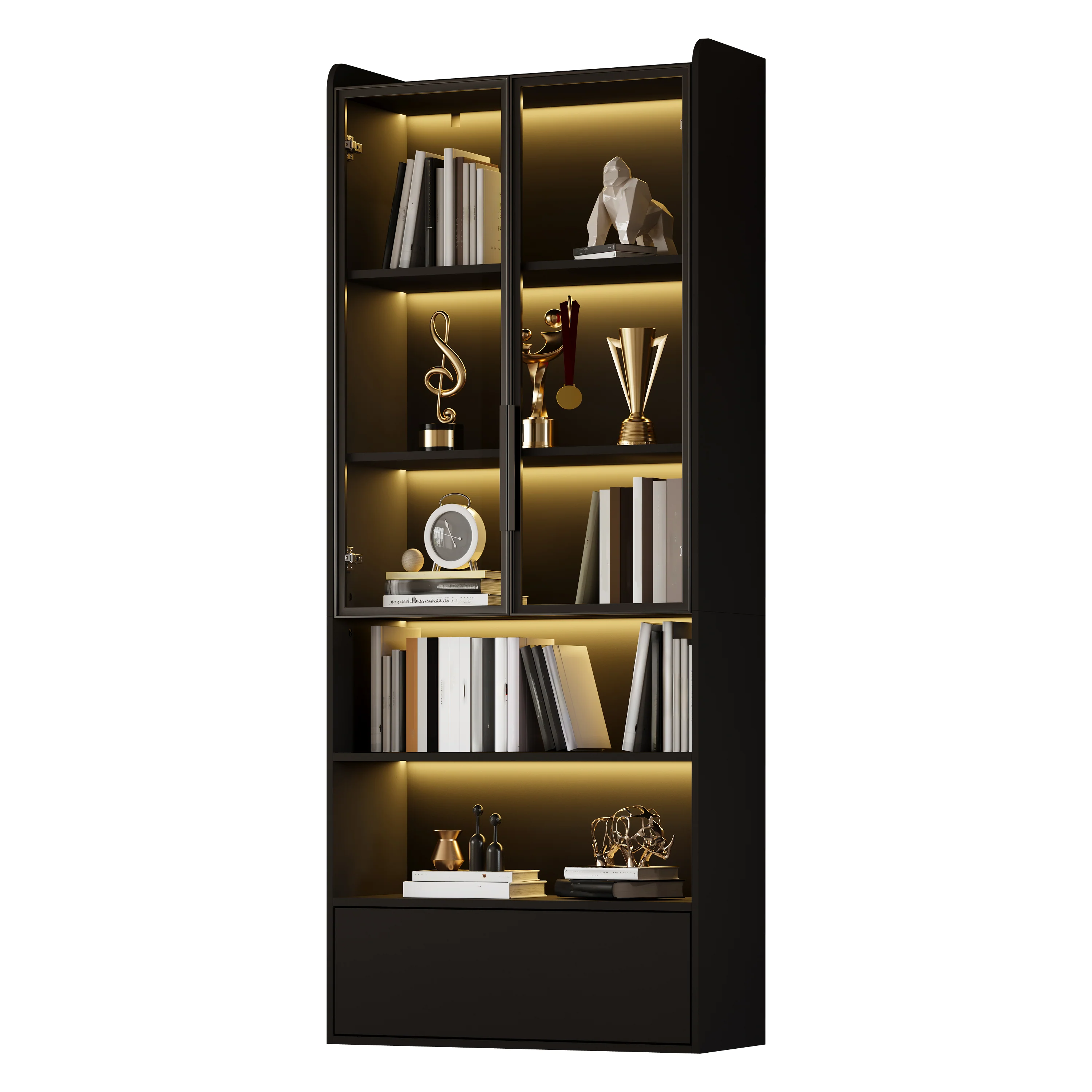 Tall Display Cabinet with 1 Drawer, LED Lighting and Glass Doors, Black - Image 8