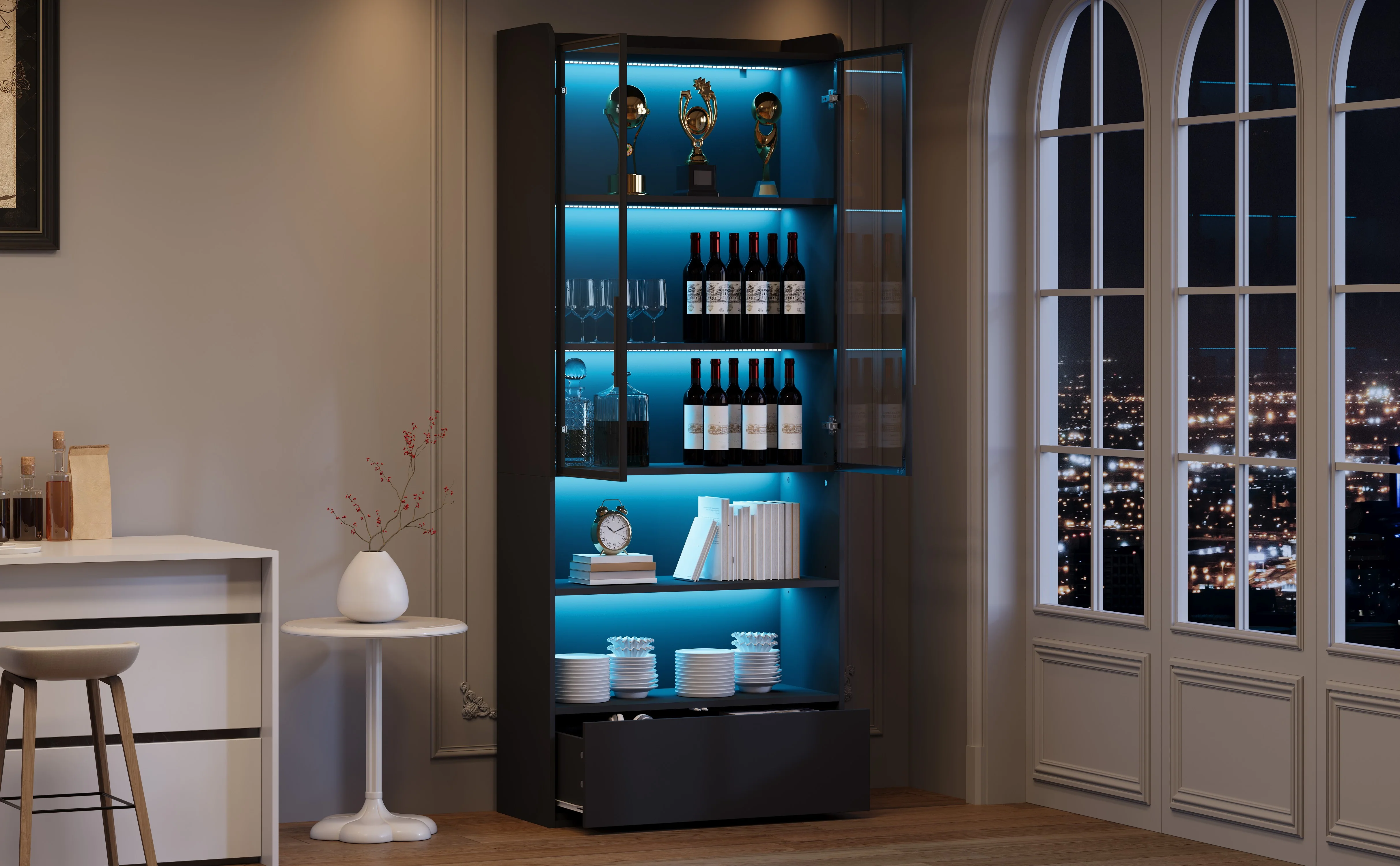 Tall Display Cabinet with 1 Drawer, LED Lighting and Glass Doors, Black - Image 9