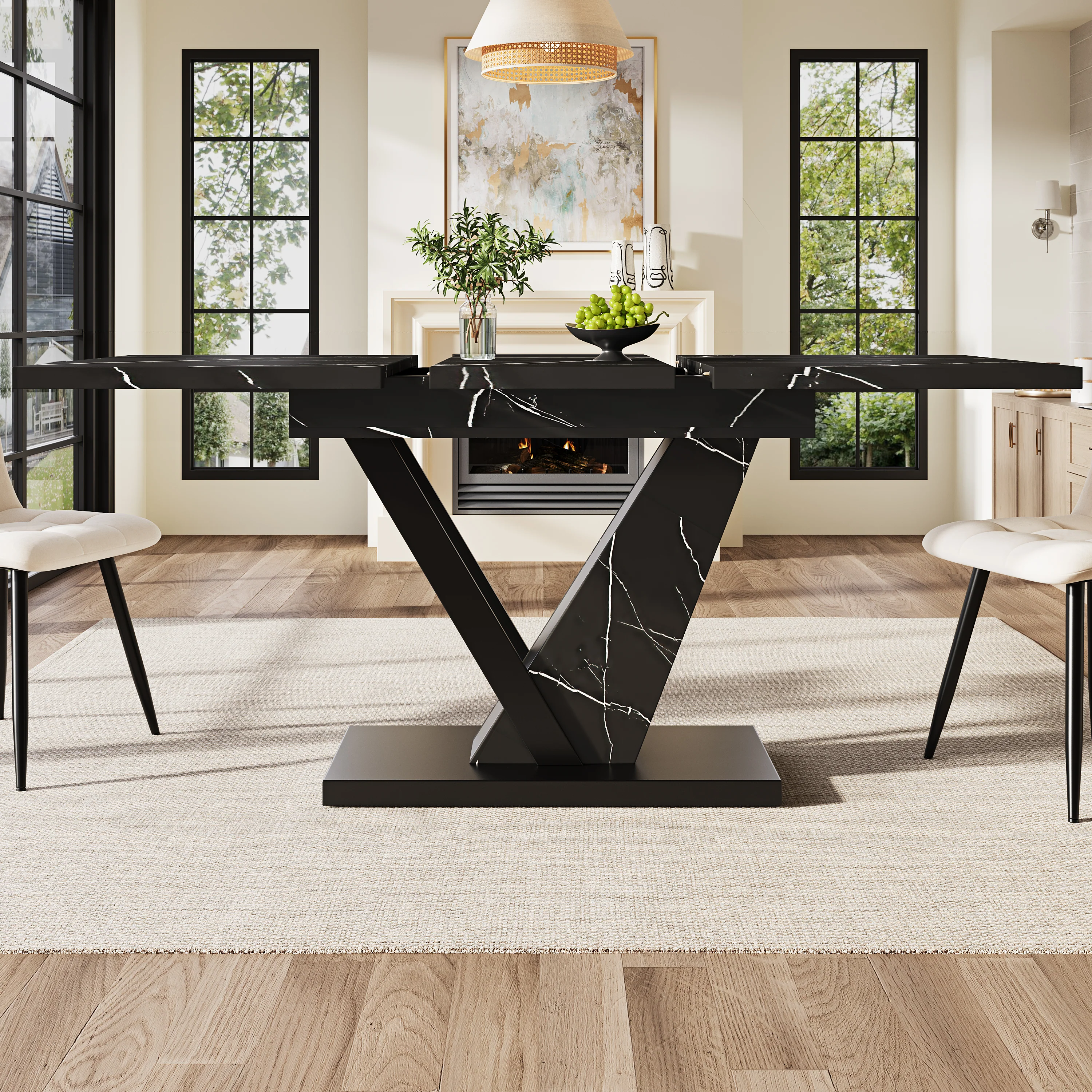 Telescopic Dining Table Extendable 120-160cm Marble Pattern - Black - Image 2