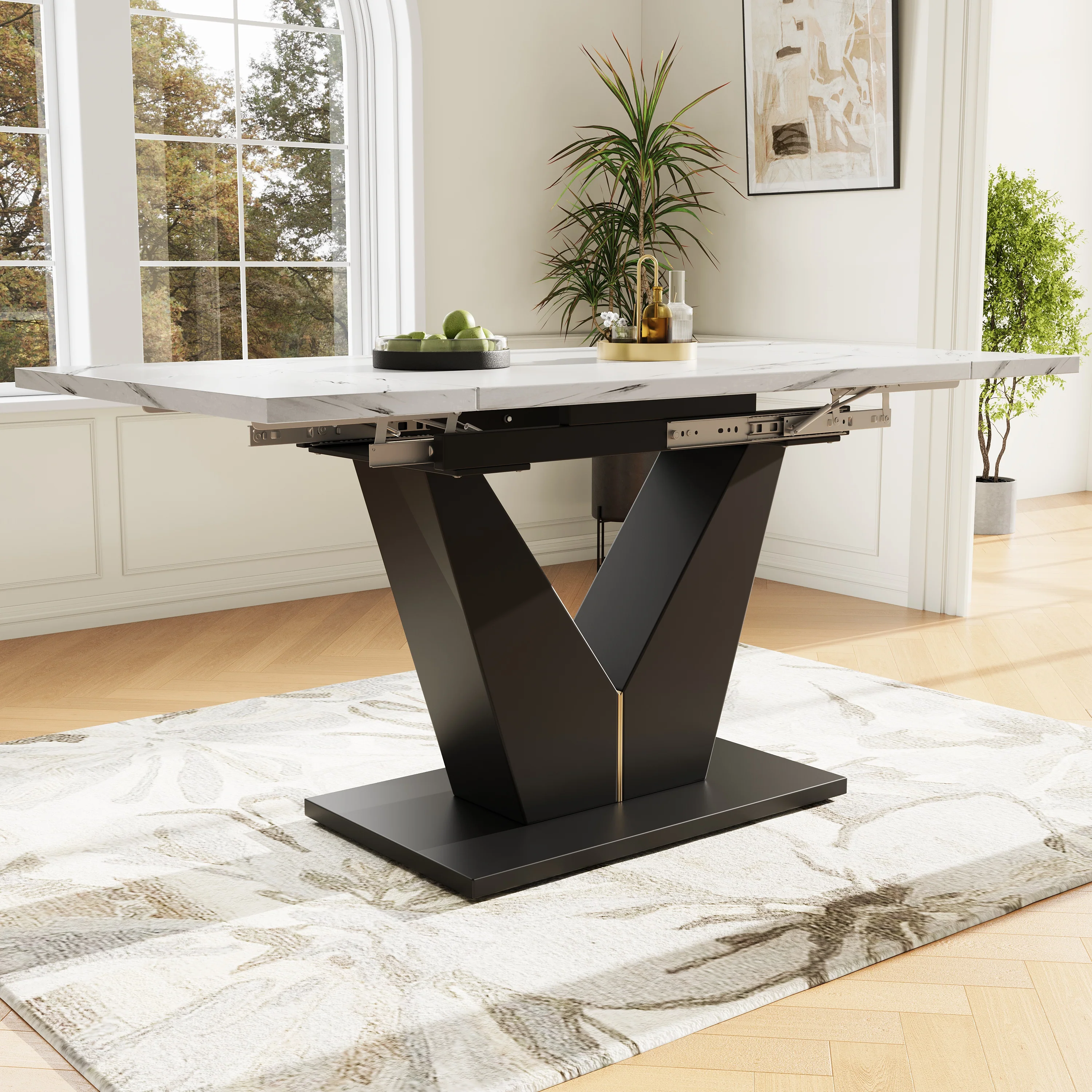 Telescopic Dining Table Extendable 99-159x75cm Space-Saving White V-Shaped Top - Image 2