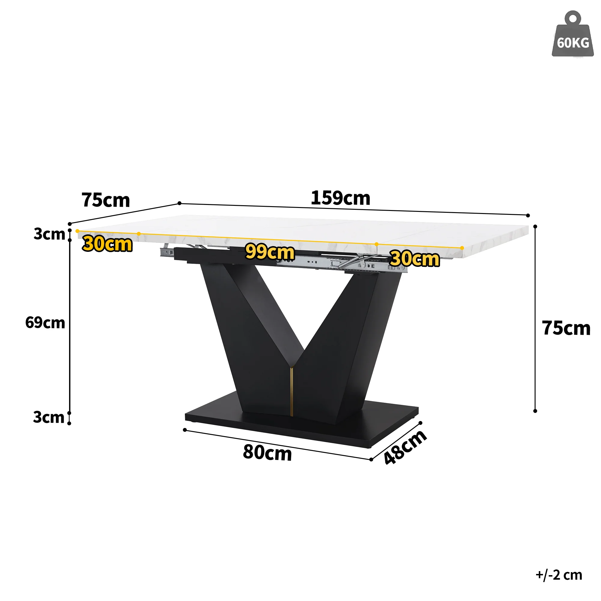 Telescopic Dining Table Extendable 99-159x75cm Space-Saving White V-Shaped Top - Image 4