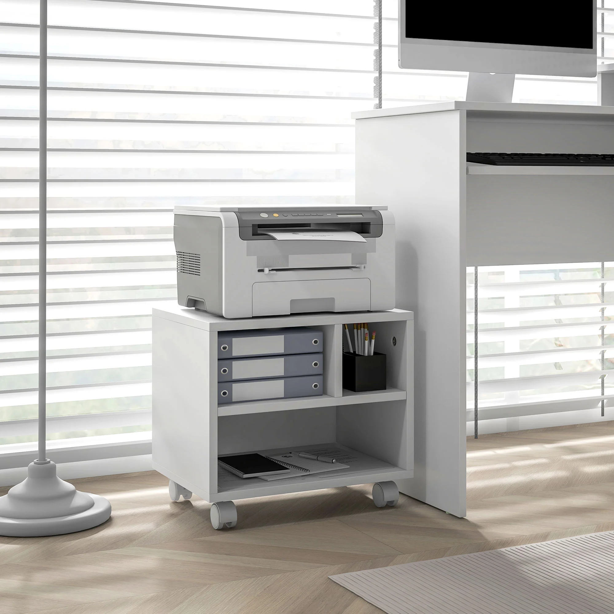 Three-Compartment Printer Cabinet Storage with Wheels - White