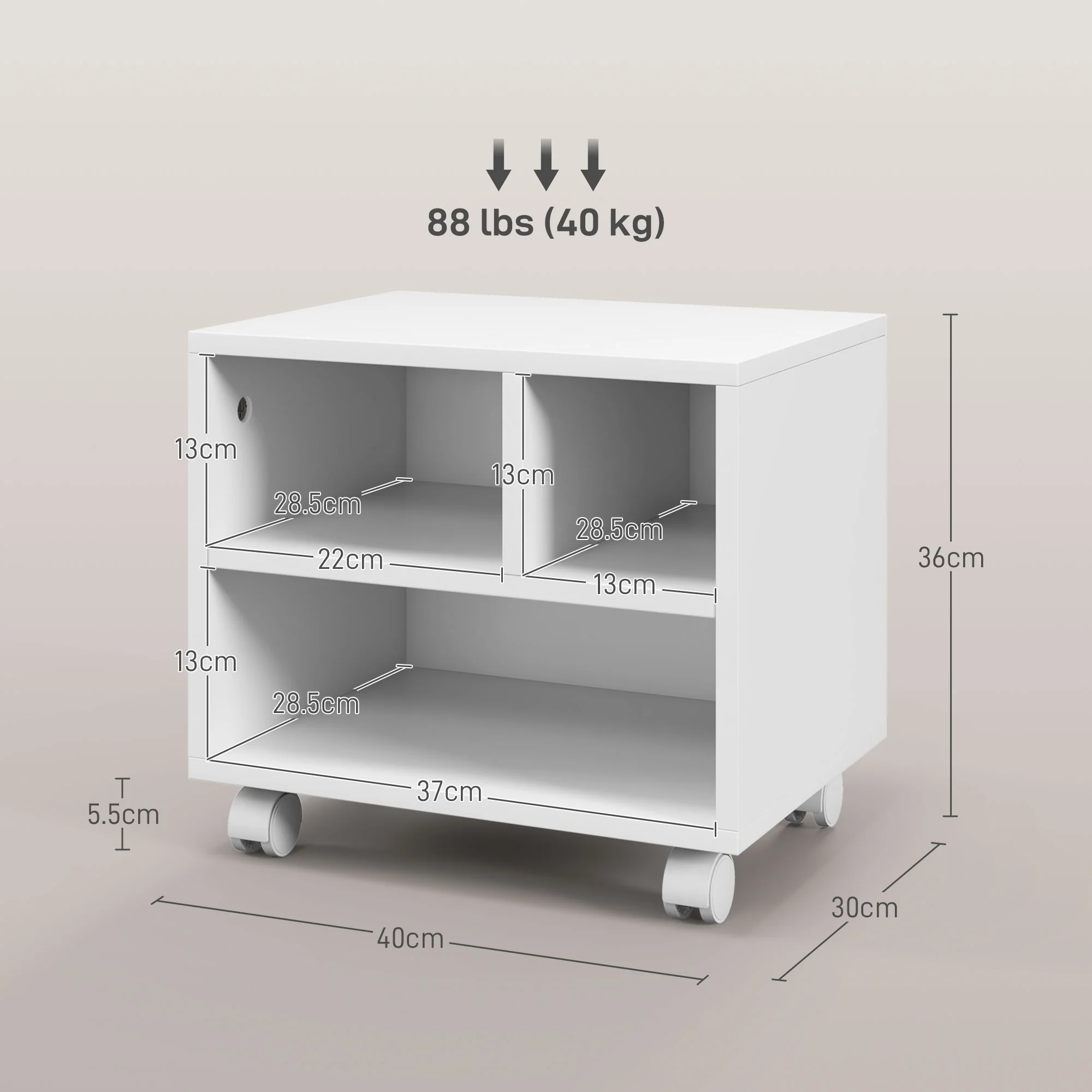 Three-Compartment Printer Cabinet Storage with Wheels - White - Image 3