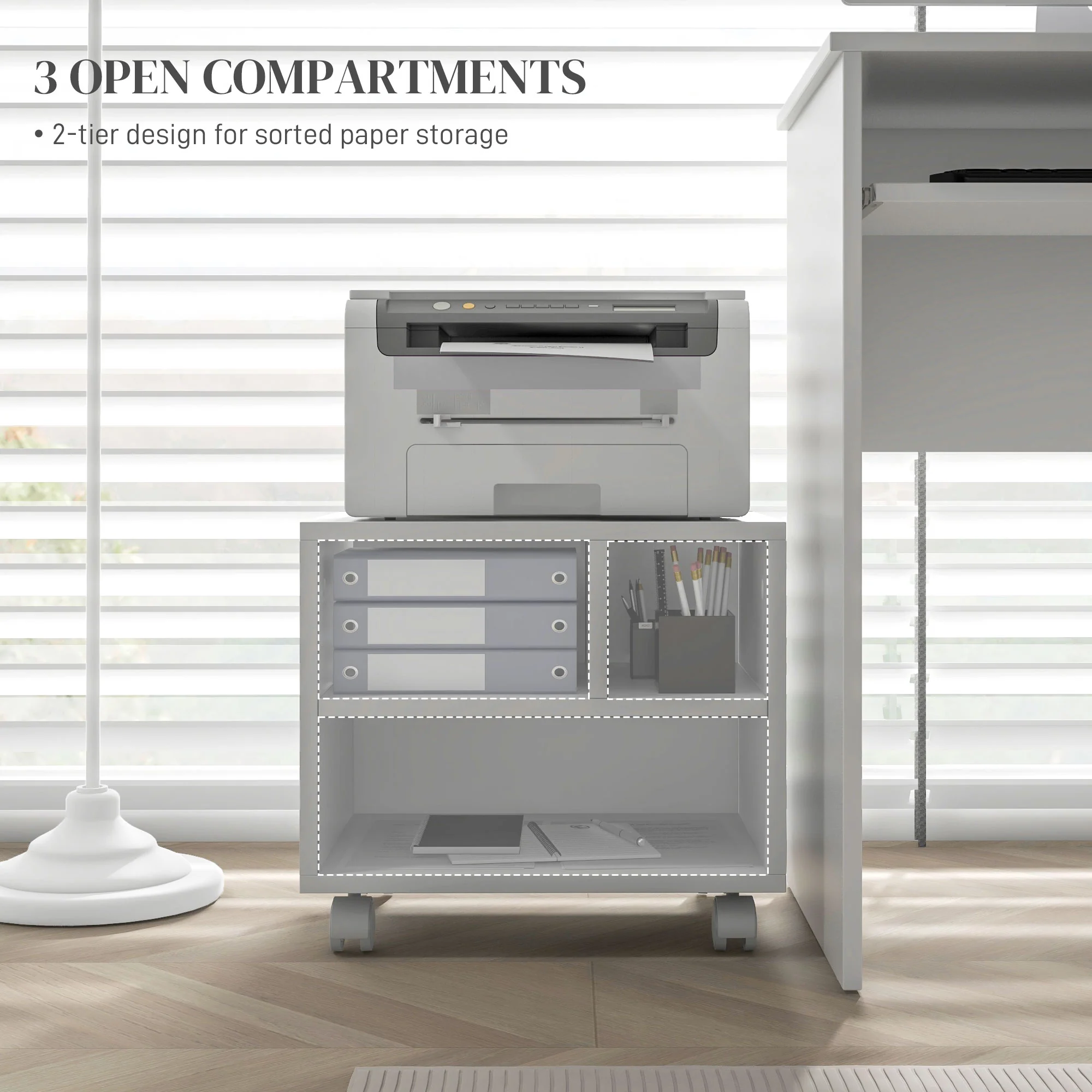 Three-Compartment Printer Cabinet Storage with Wheels - White - Image 4