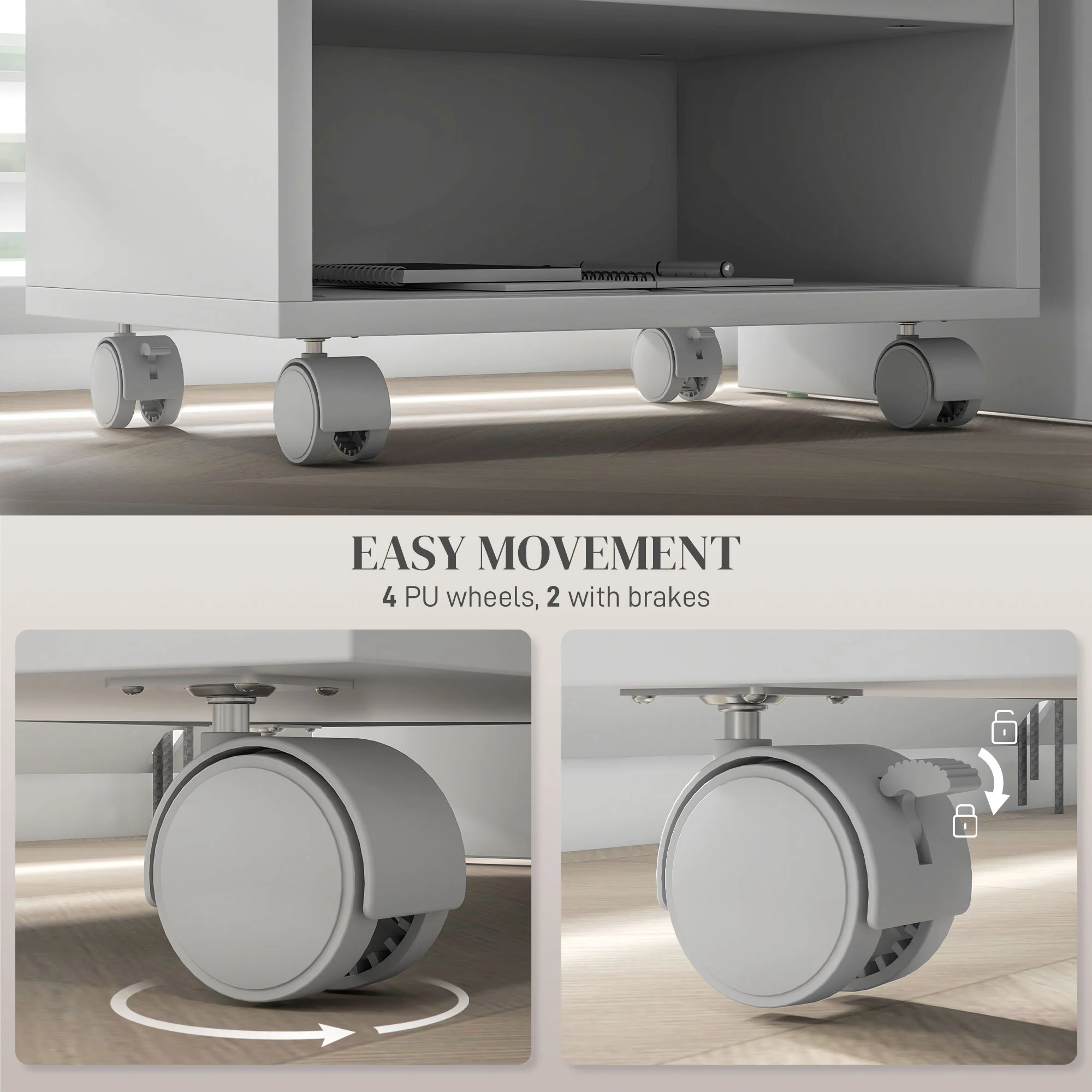 Three-Compartment Printer Cabinet Storage with Wheels - White - Image 5