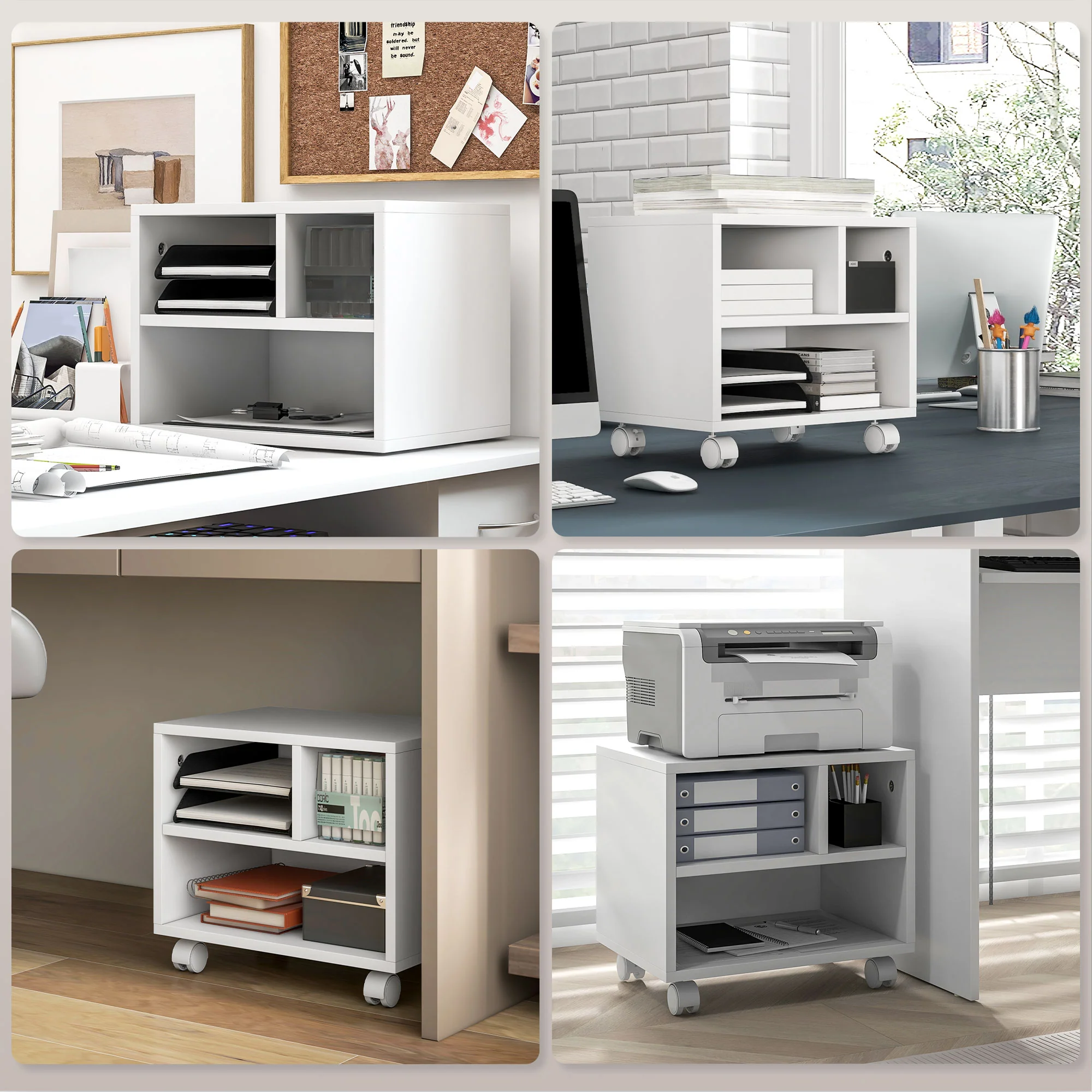 Three-Compartment Printer Cabinet Storage with Wheels - White - Image 6