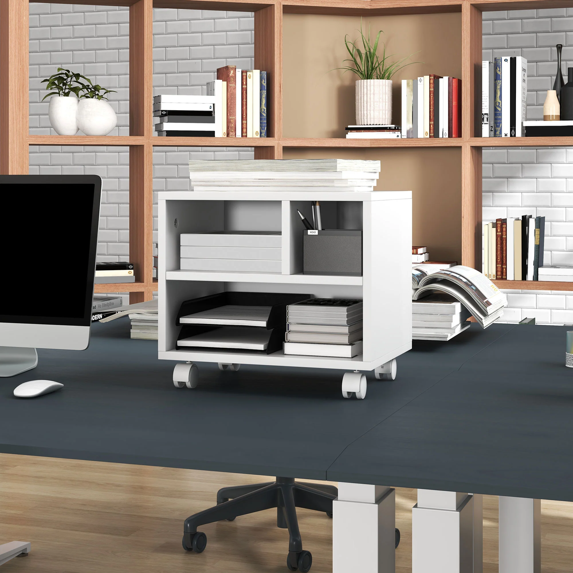 Three-Compartment Printer Cabinet Storage with Wheels - White - Image 7