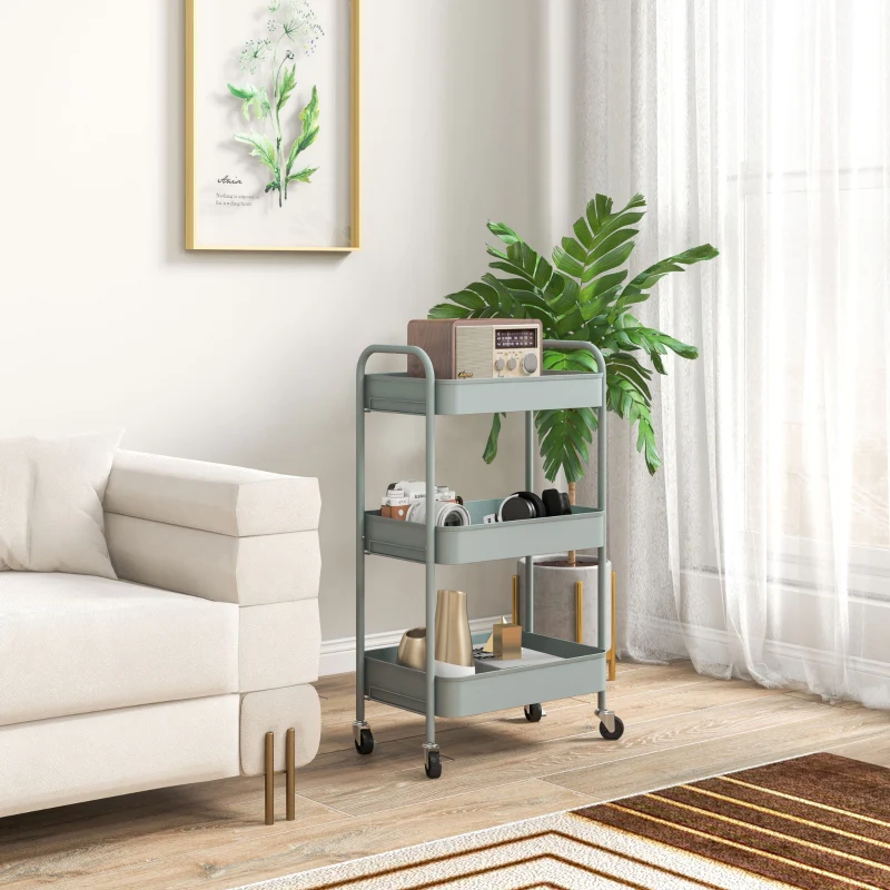 Three-Tier Storage Trolley, Multi-Purpose Rolling Cart, Steel, Light Blue