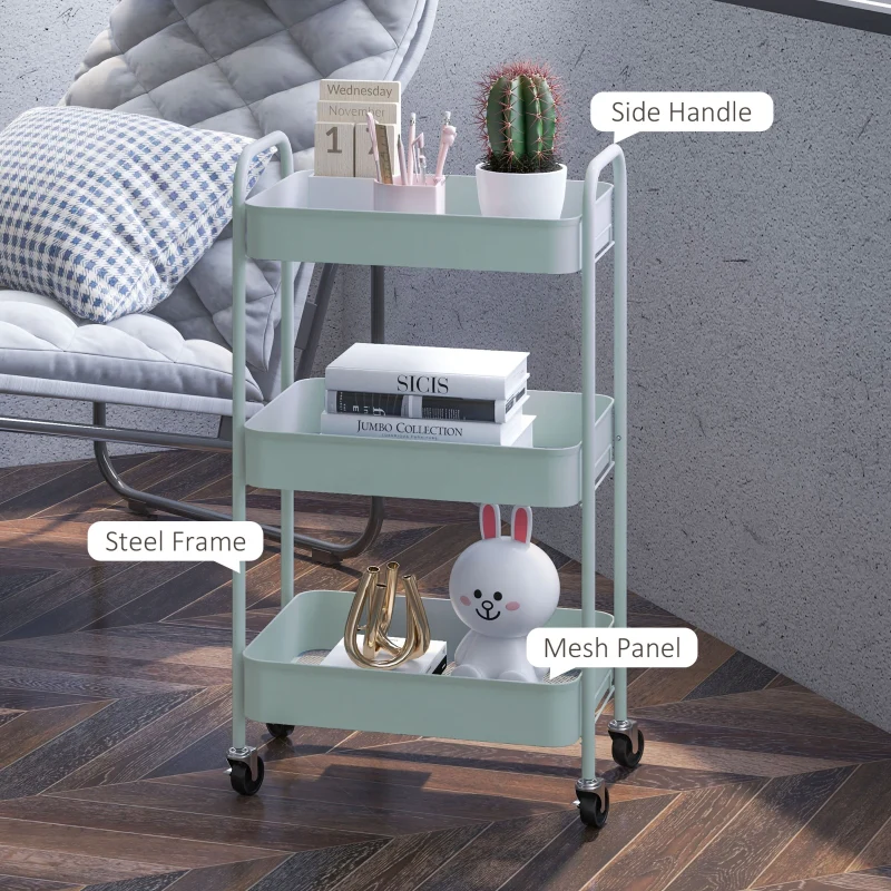 Three-Tier Storage Trolley, Multi-Purpose Rolling Cart, Steel, Light Blue - Image 6