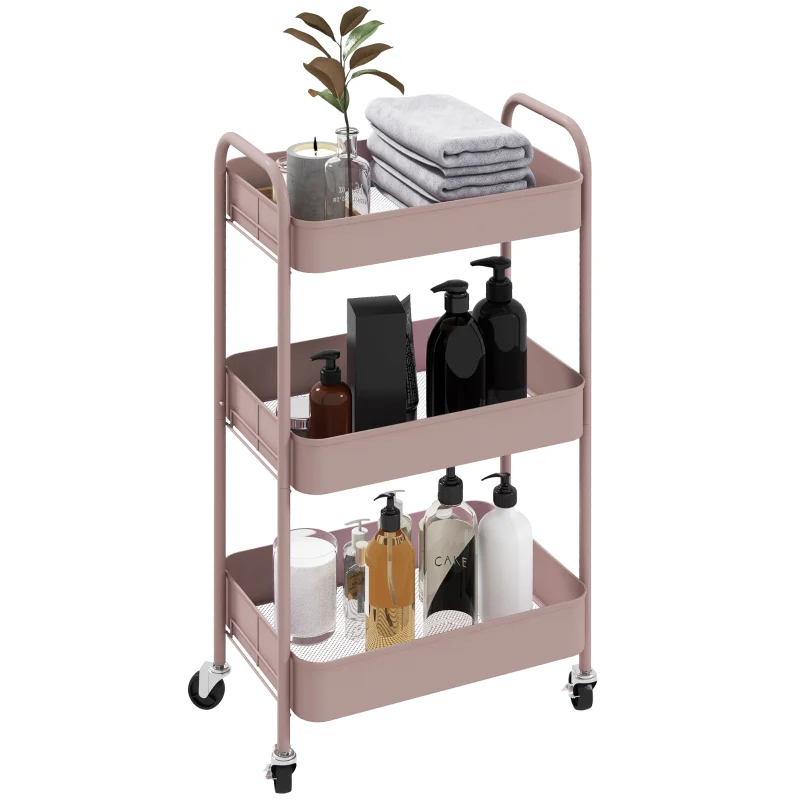 Three-Tier Storage Trolley, Multi-Purpose Steel, Pink - Image 2