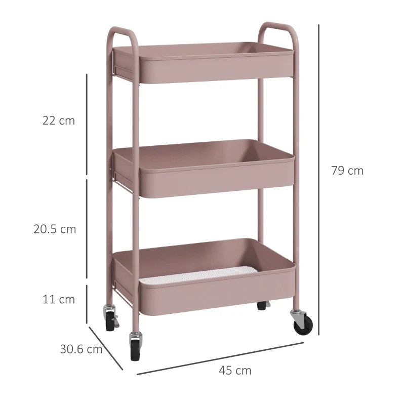 Three-Tier Storage Trolley, Multi-Purpose Steel, Pink - Image 3