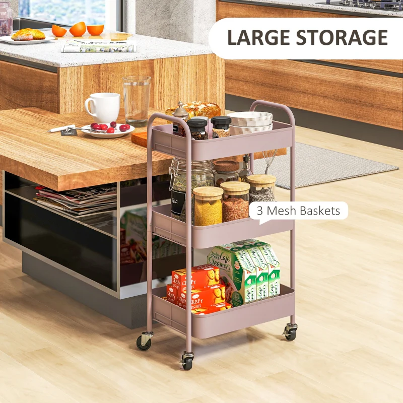 Three-Tier Storage Trolley, Multi-Purpose Steel, Pink - Image 4