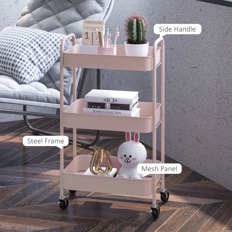 Three-Tier Storage Trolley, Multi-Purpose Steel, Pink - Image 6