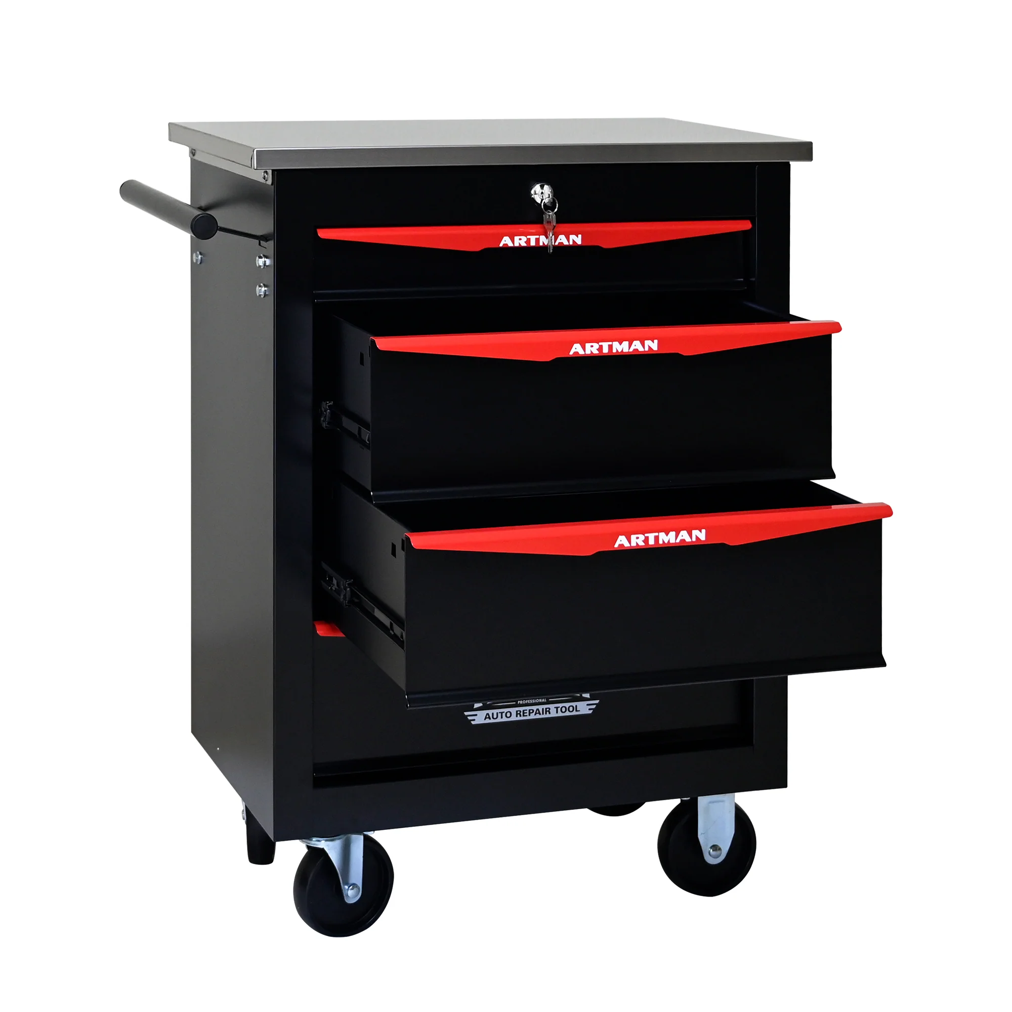 Tool Trolley 4-Drawer Metal Rolling Storage with Stainless Steel Roof Black & Red - Image 10