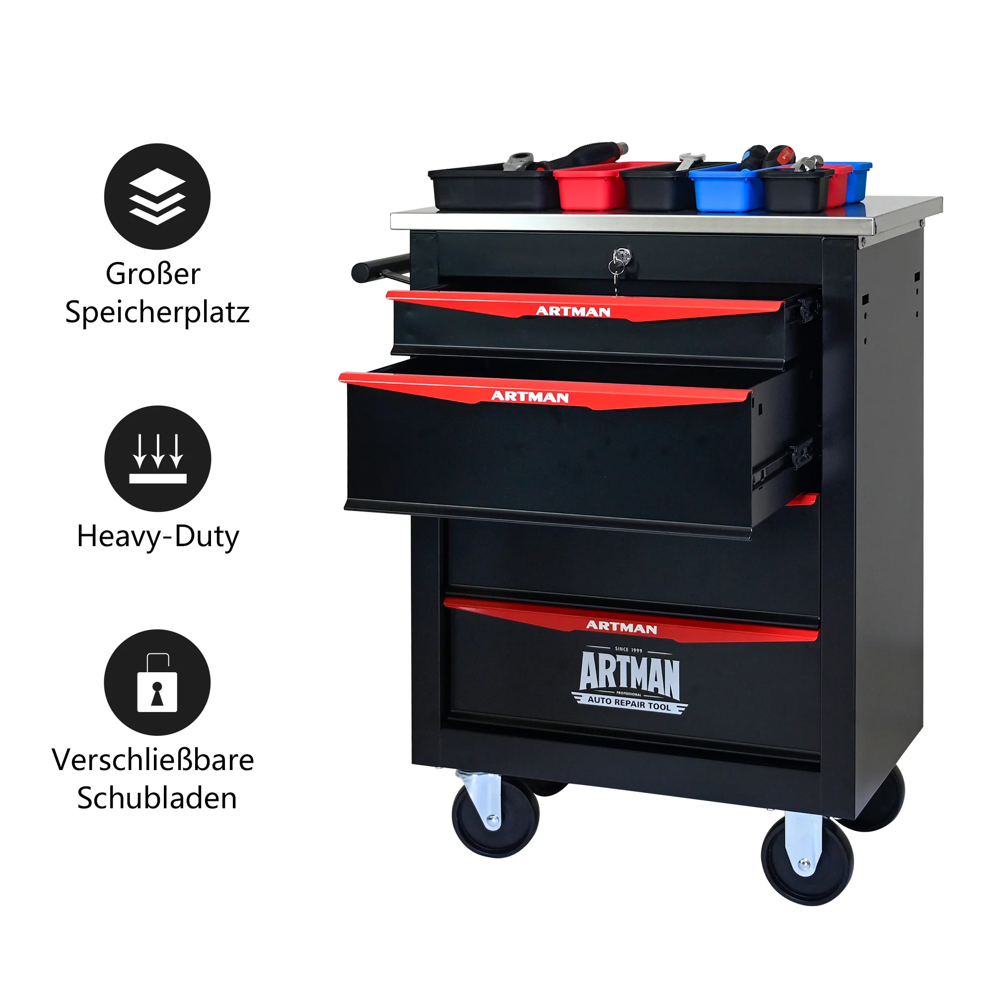 Tool Trolley 4-Drawer Metal Rolling Storage with Stainless Steel Roof Black & Red - Image 2