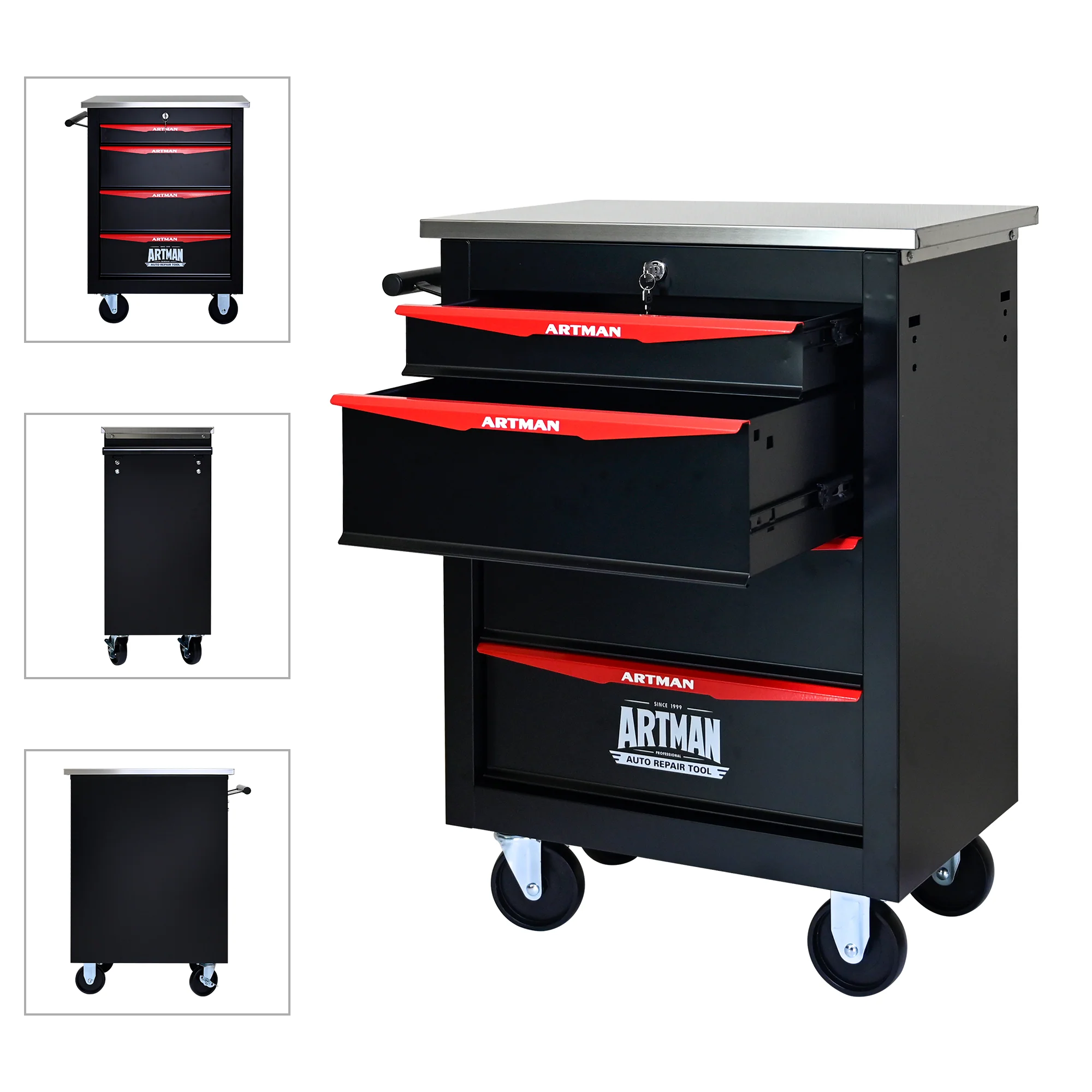 Tool Trolley 4-Drawer Metal Rolling Storage with Stainless Steel Roof Black & Red - Image 3