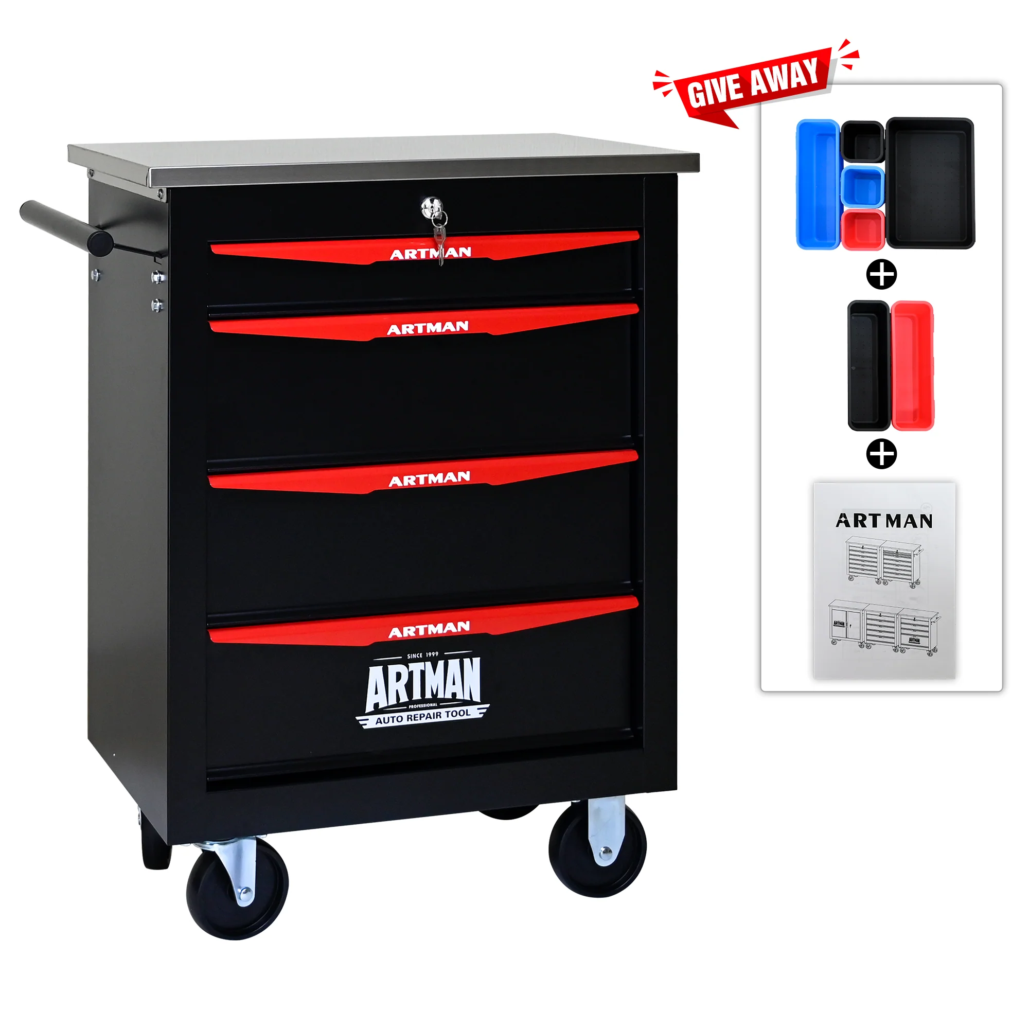 Tool Trolley 4-Drawer Metal Rolling Storage with Stainless Steel Roof Black & Red - Image 4