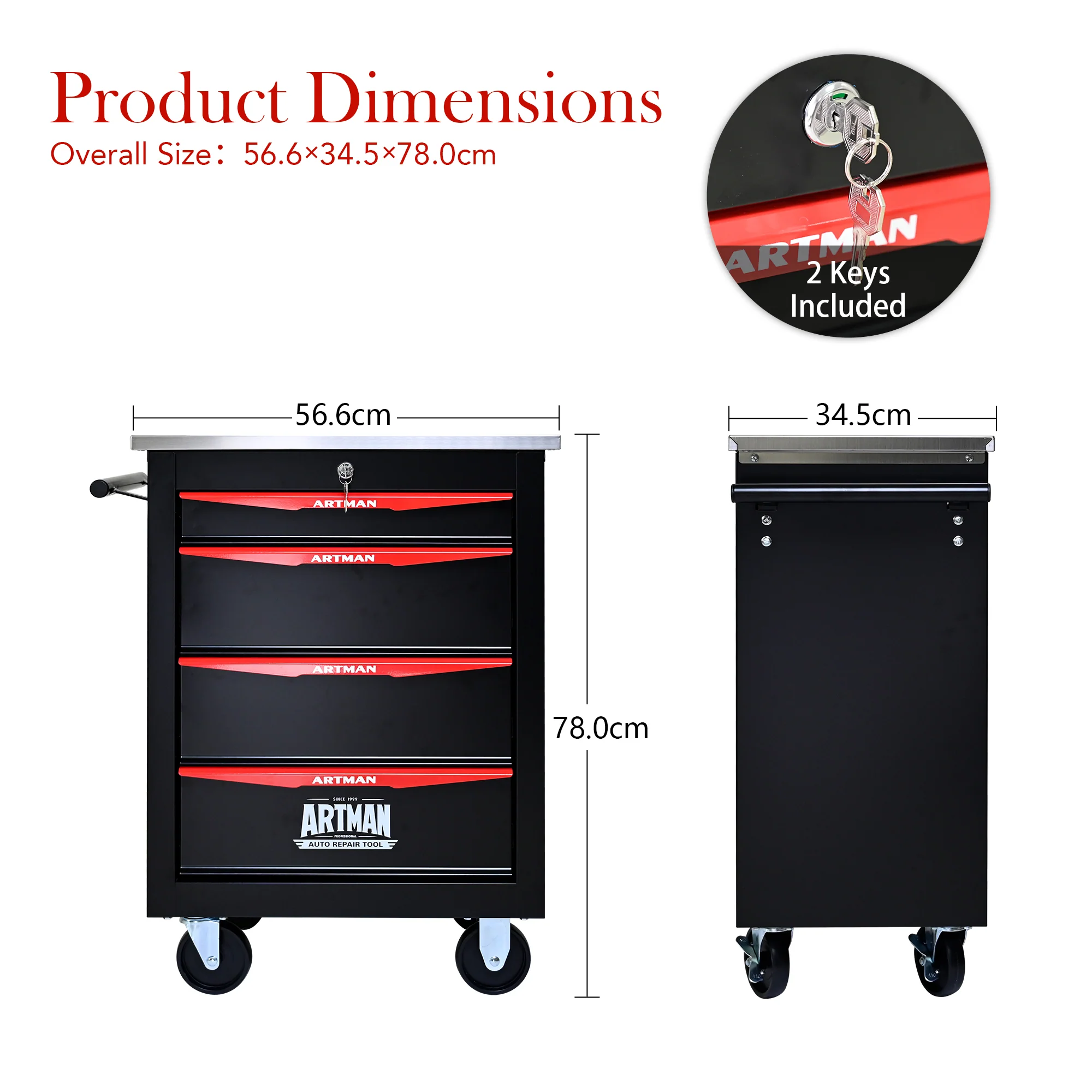 Tool Trolley 4-Drawer Metal Rolling Storage with Stainless Steel Roof Black & Red - Image 5