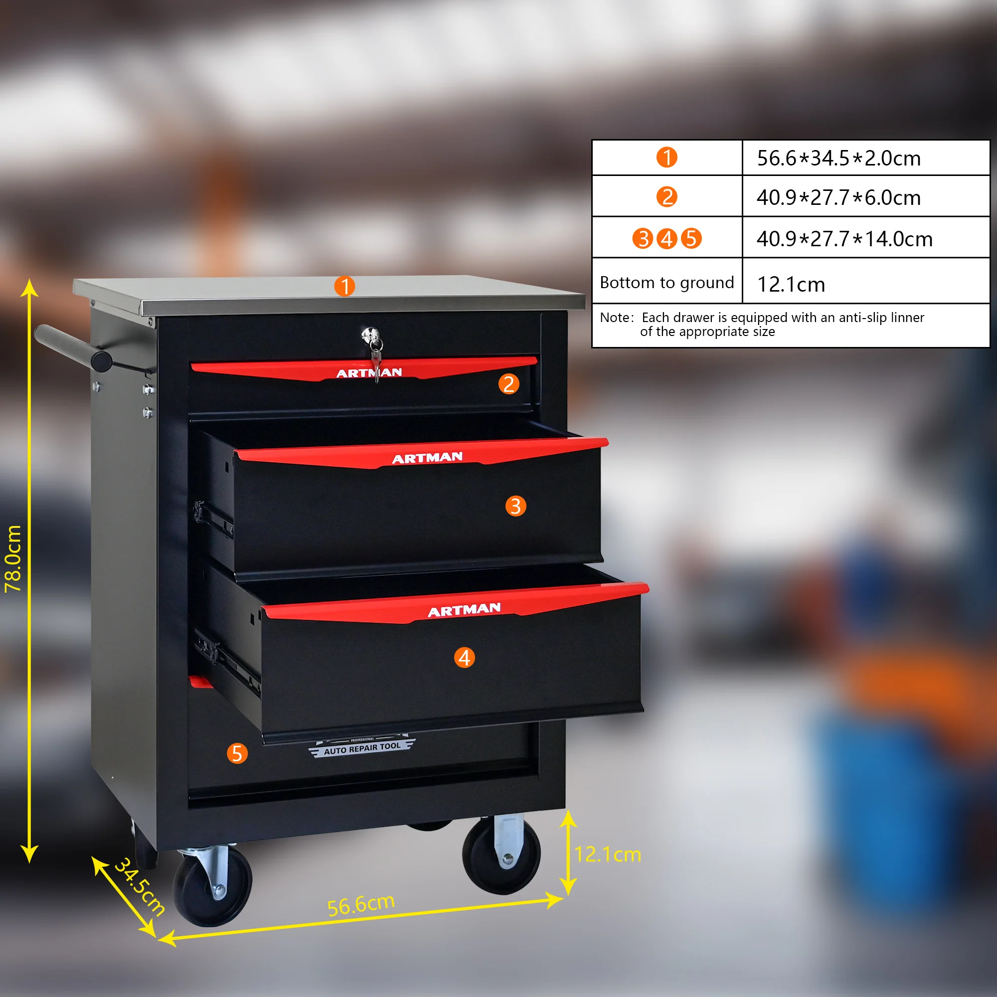 Tool Trolley 4-Drawer Metal Rolling Storage with Stainless Steel Roof Black & Red - Image 7