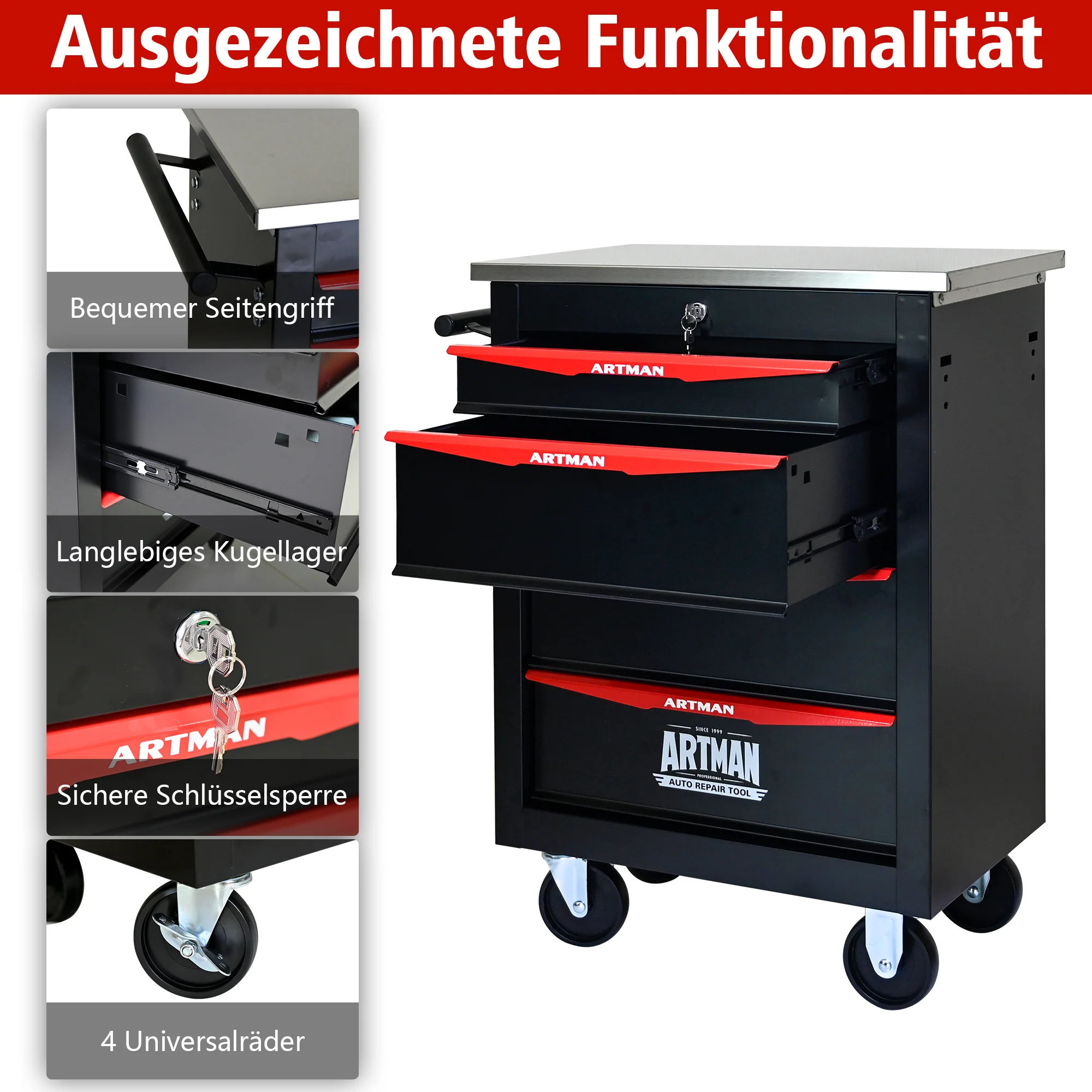 Tool Trolley 4-Drawer Metal Rolling Storage with Stainless Steel Roof Black & Red - Image 8
