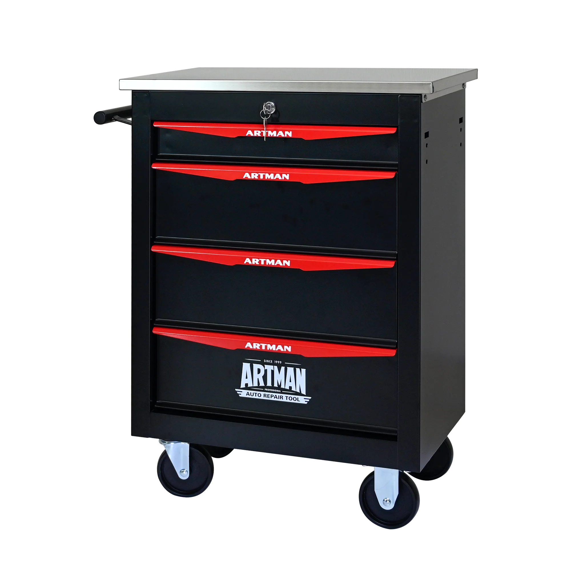 Tool Trolley 4-Drawer Metal Rolling Storage with Stainless Steel Roof Black & Red - Image 9