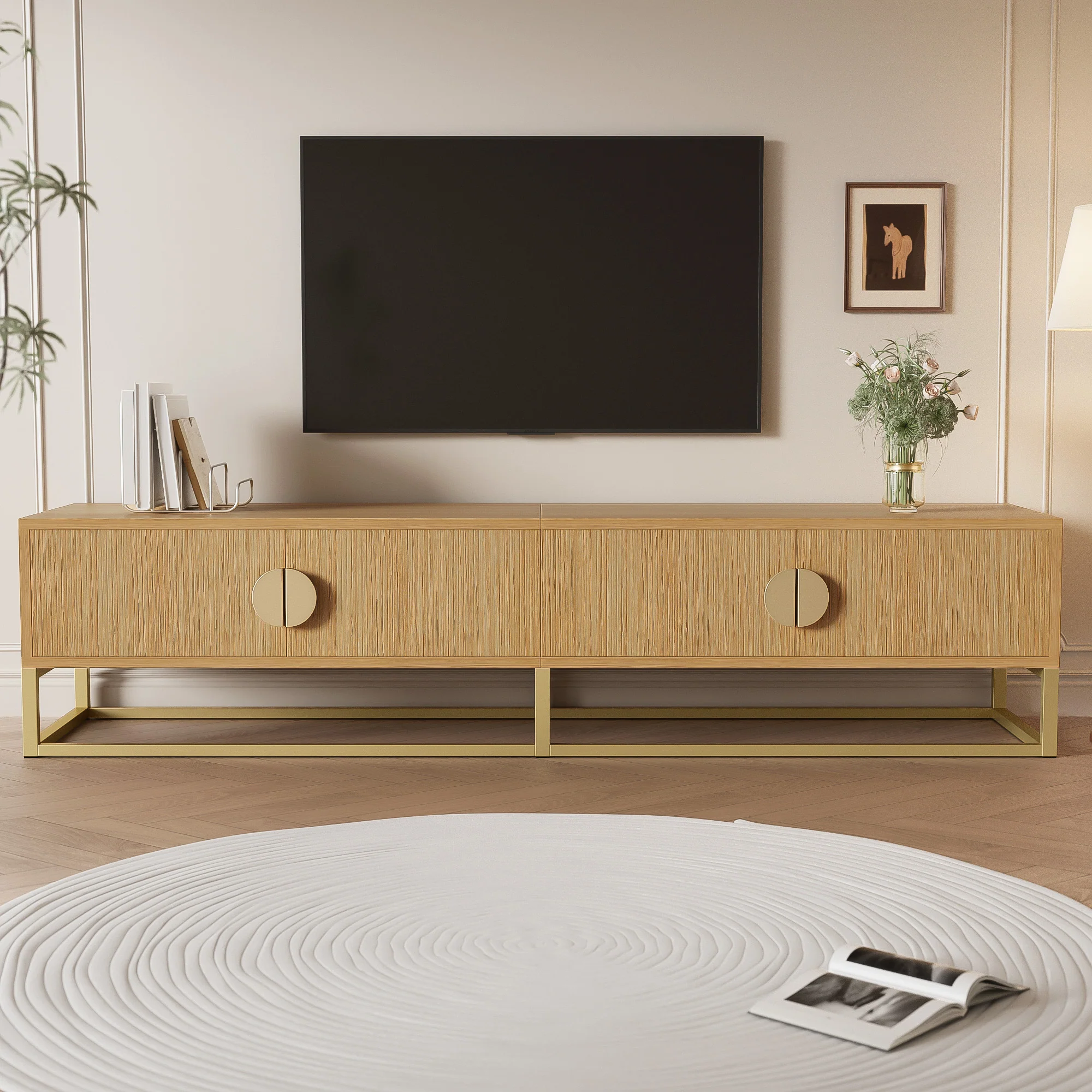 TV Cabinet 180cm 4 Doors Semi-circular Handles Wood Grain Finish - Image 4