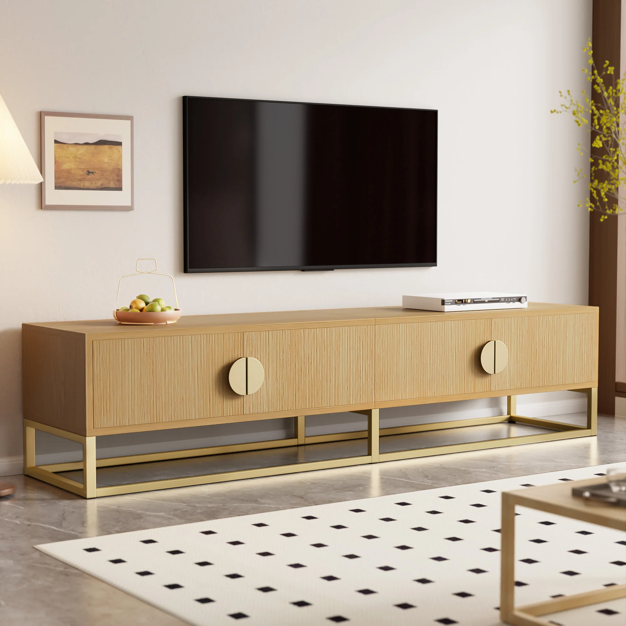 TV Cabinet 180cm 4 Doors Semi-circular Handles Wood Grain Finish - Image 7
