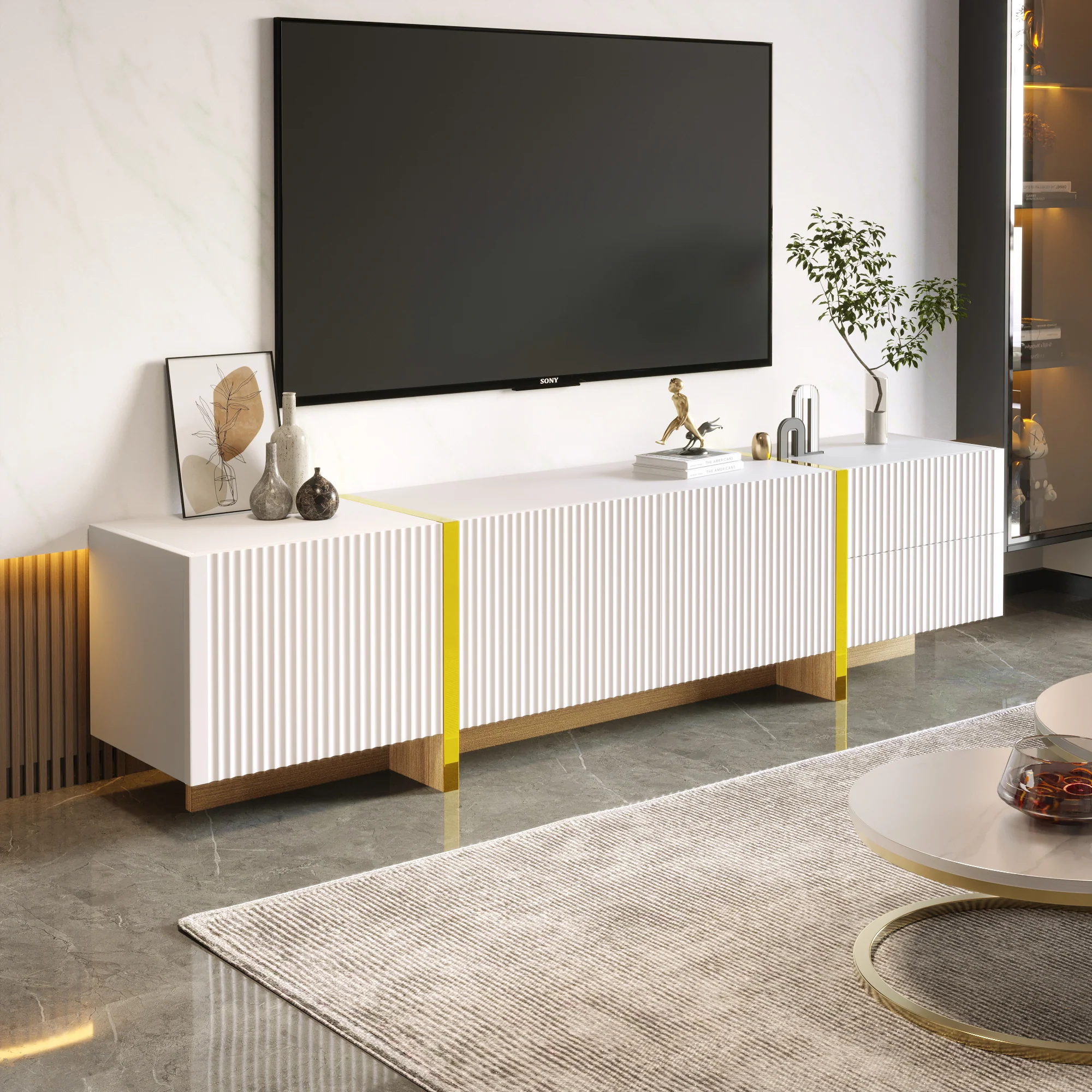 TV Cabinet 190 cm 3 Doors 2 Drawers, White Gold Wood Grain - Image 3