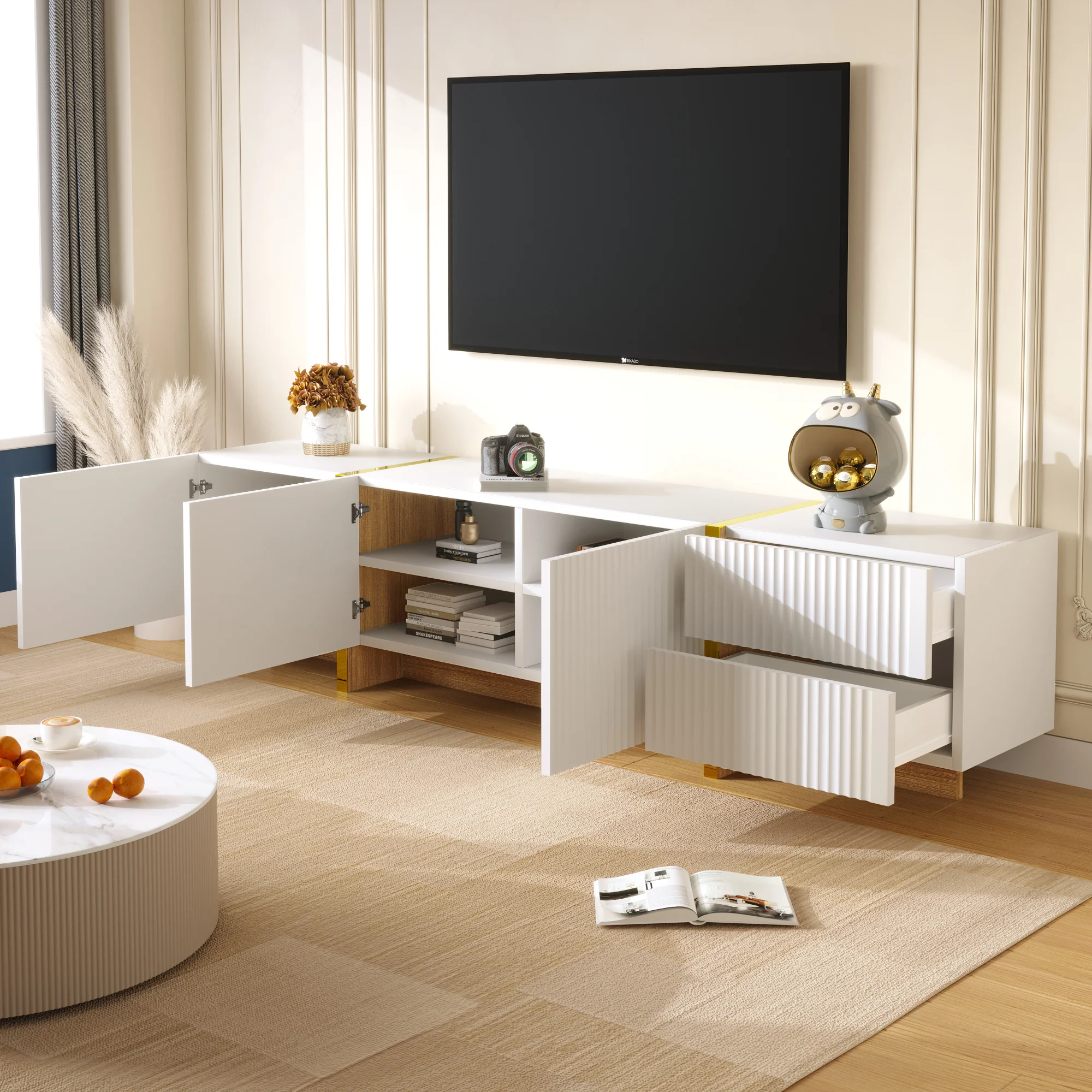 TV Cabinet 190 cm 3 Doors 2 Drawers, White Gold Wood Grain - Image 4