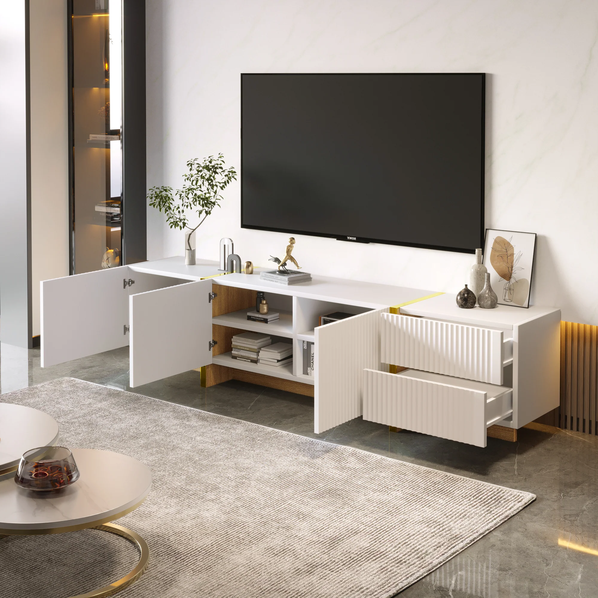TV Cabinet 190 cm 3 Doors 2 Drawers, White Gold Wood Grain - Image 5