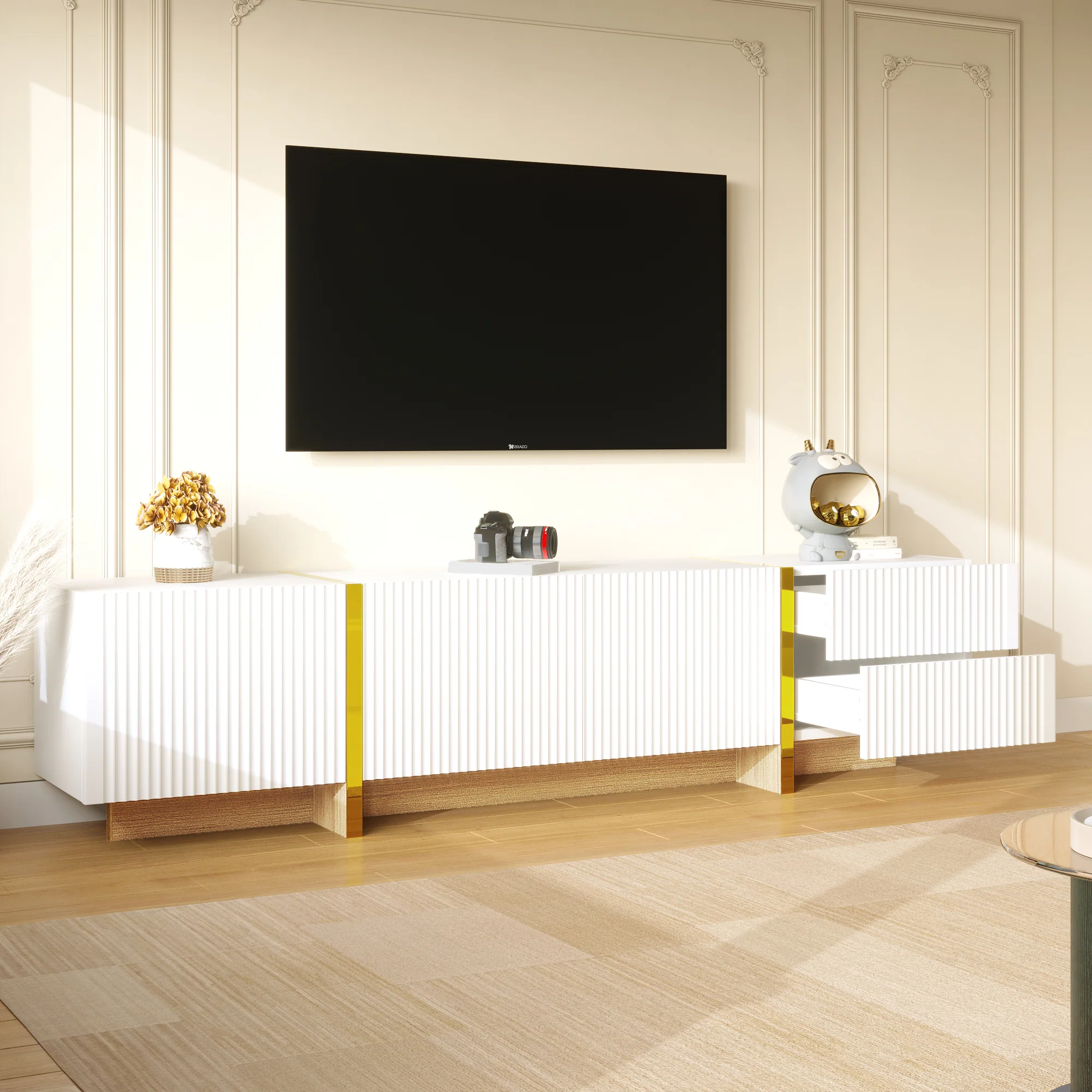 TV Cabinet 190 cm 3 Doors 2 Drawers, White Gold Wood Grain - Image 7