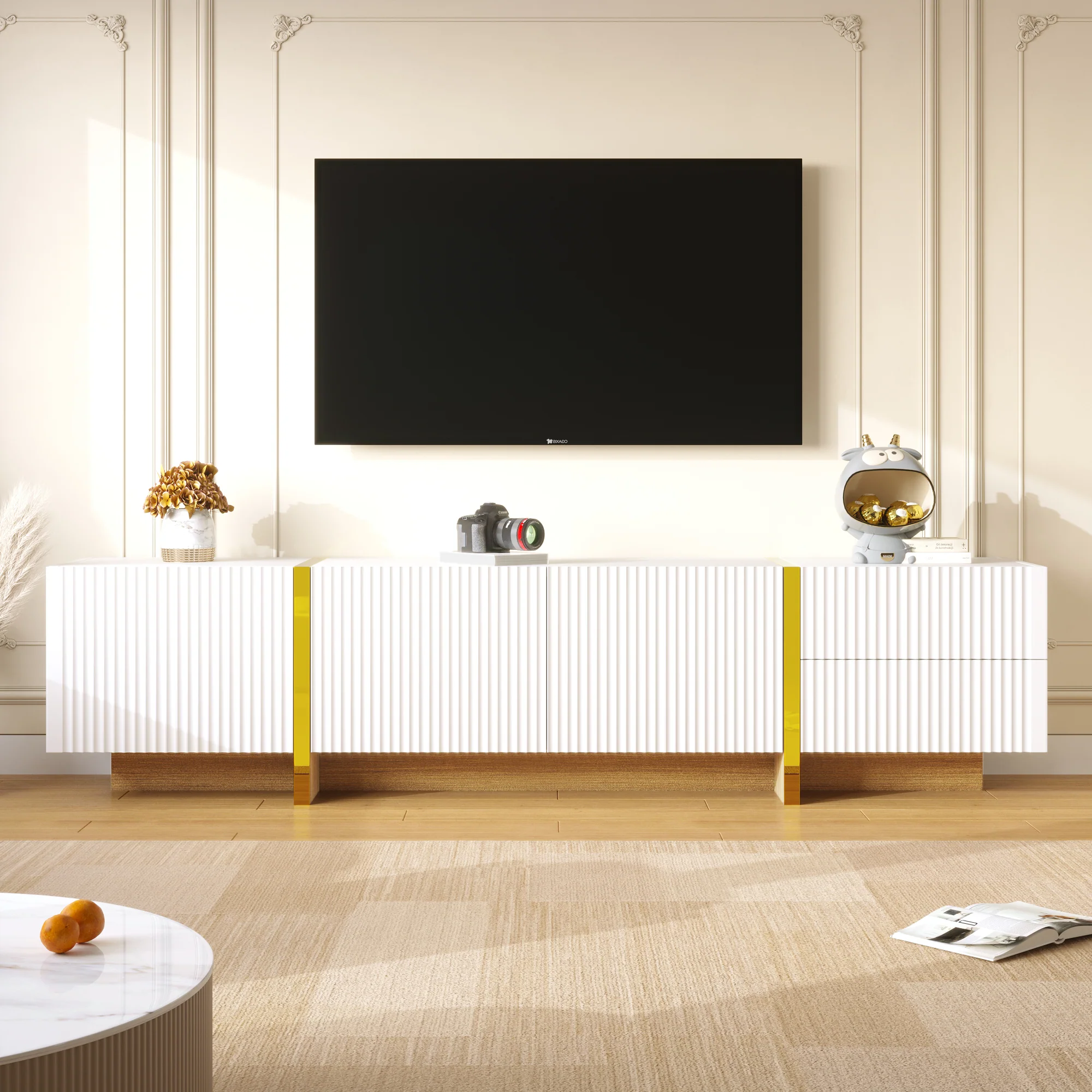 TV Cabinet 190 cm 3 Doors 2 Drawers, White Gold Wood Grain - Image 8
