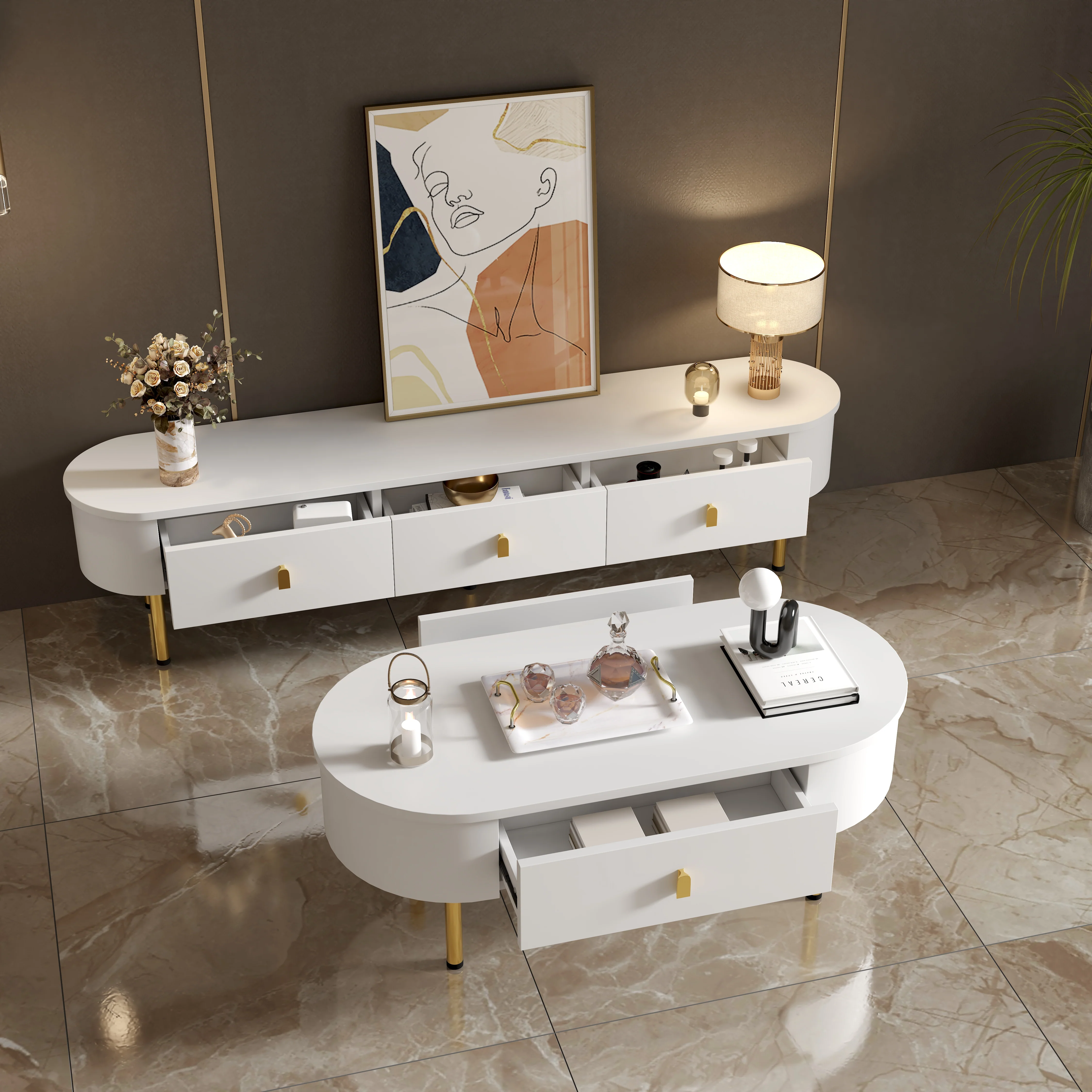 TV Cabinet Coffee Table Set, Luxury Living Room Combination with Drawers, Rounded Corners, White and Gold - Image 2